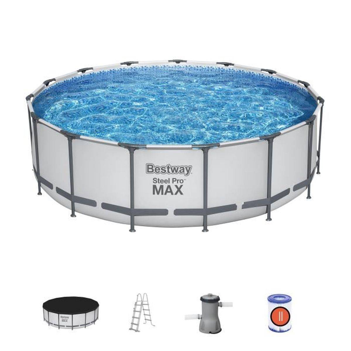 Bestway - Piscine tubulaire hors sol ronde 457 x 122 cm, 16015 L, pompe à cartouche, échelle et bâche - Bestway