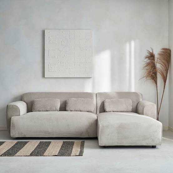 Canapé d'angle droit. 2 à 3 places. velours côtelé beige. Wallas L 196 x P 151 / 91 / x H 73cm | sweeek - Image 1