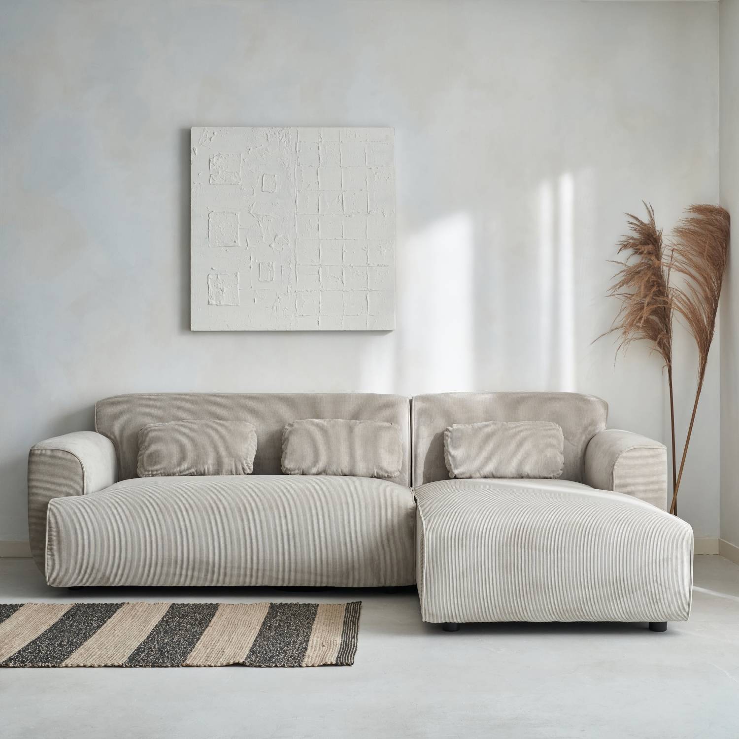 Canapé d'angle droit. 2 à 3 places. velours côtelé beige. Wallas L 196 x P 151 / 91 / x H 73cm | sweeek - Image 1