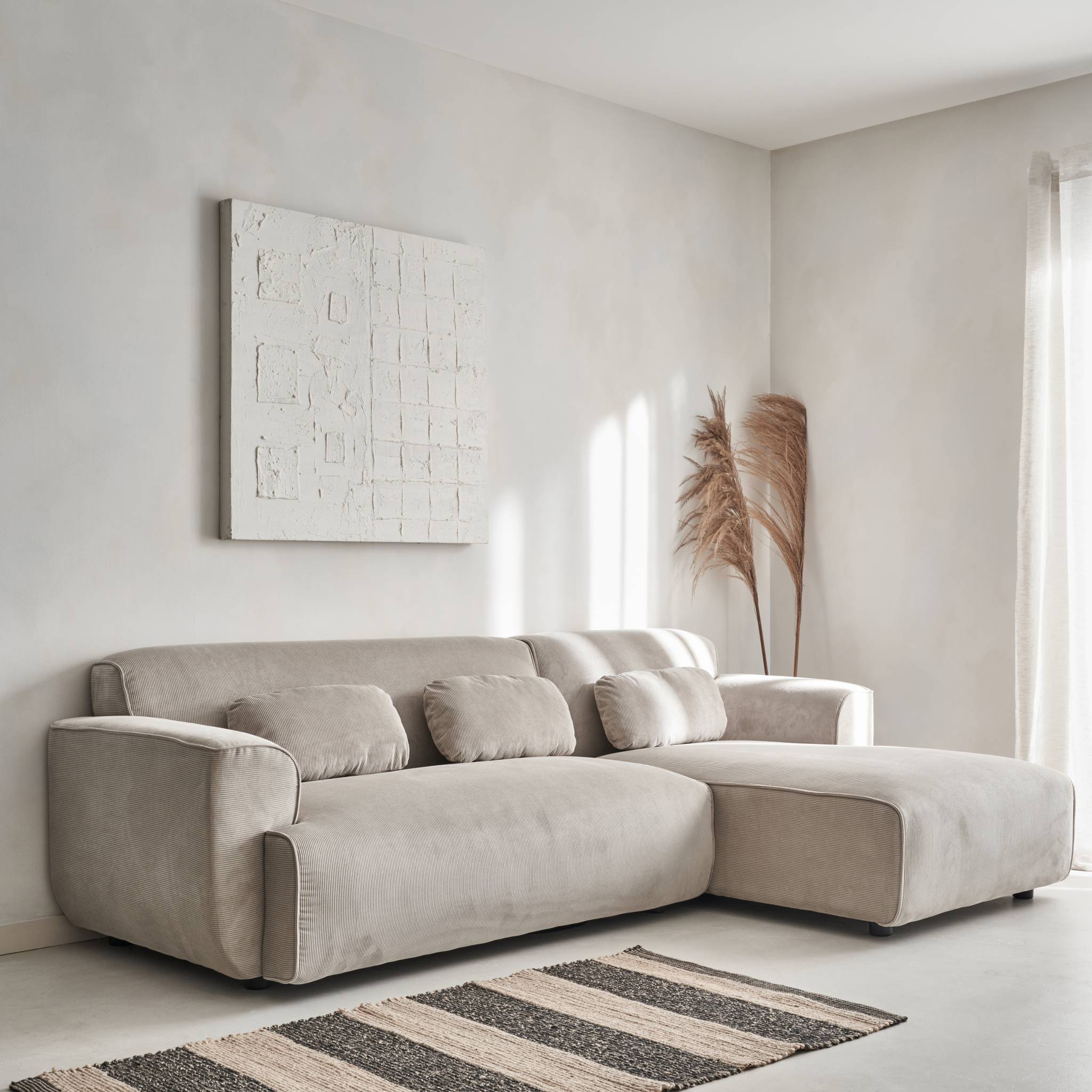 Canapé d'angle droit. 2 à 3 places. velours côtelé beige. Wallas L 196 x P 151 / 91 / x H 73cm | sweeek - Image 3