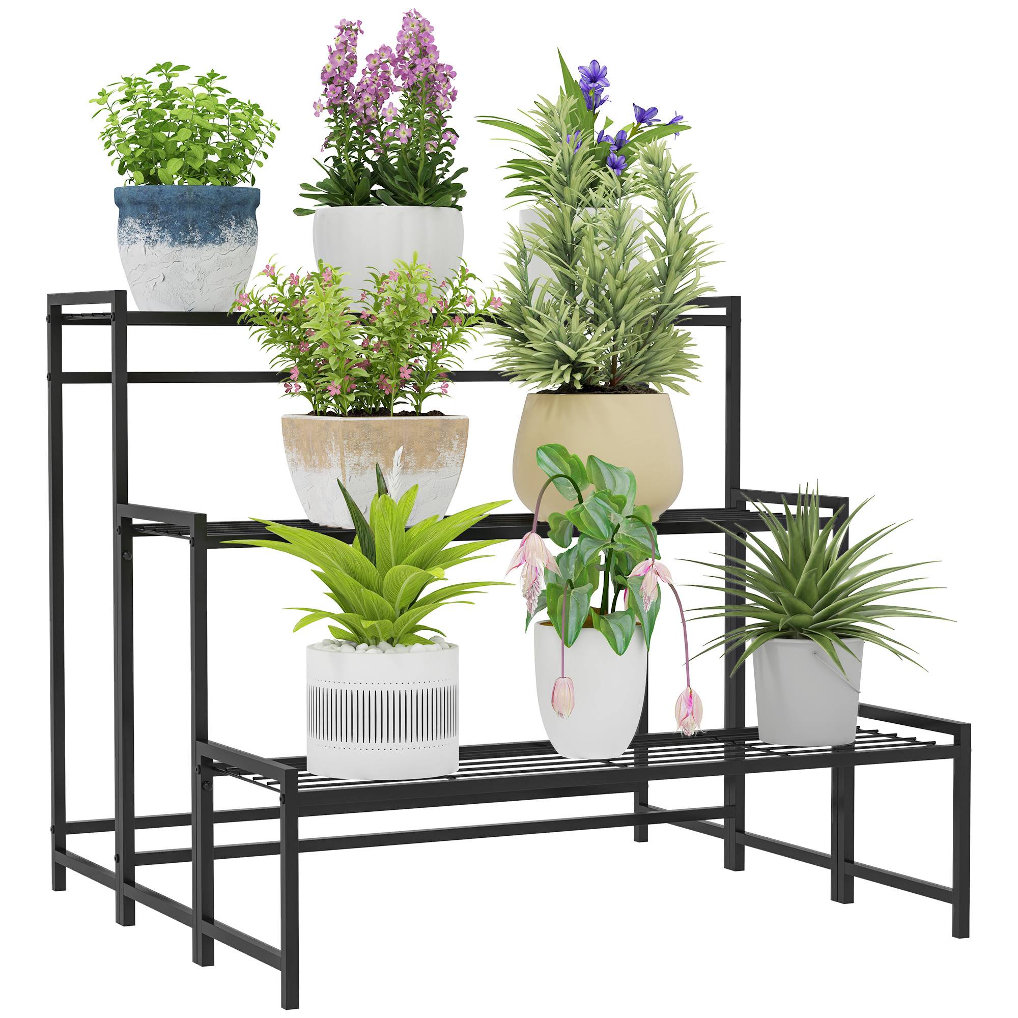 Étagère pour plantes en métal forme escalier 3 niveaux intérieur extérieur 75x70x66cm - ComfortXL Outdoor Living - Image 1