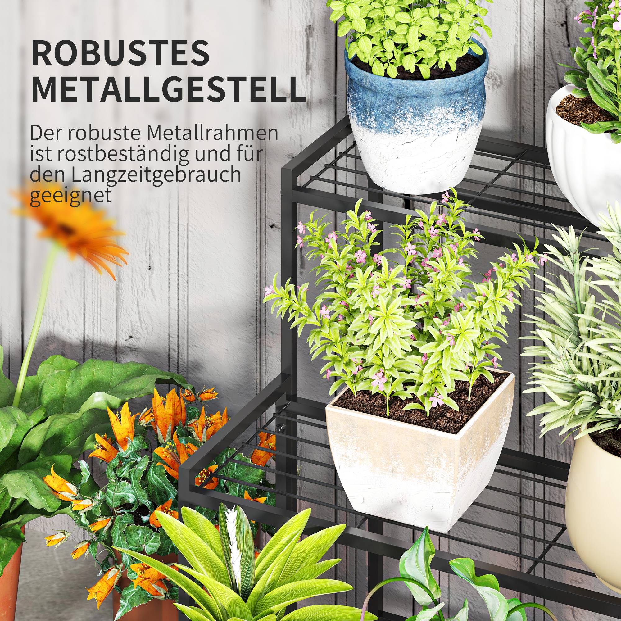 Étagère pour plantes en métal forme escalier 3 niveaux intérieur extérieur 75x70x66cm - ComfortXL Outdoor Living - Image 7