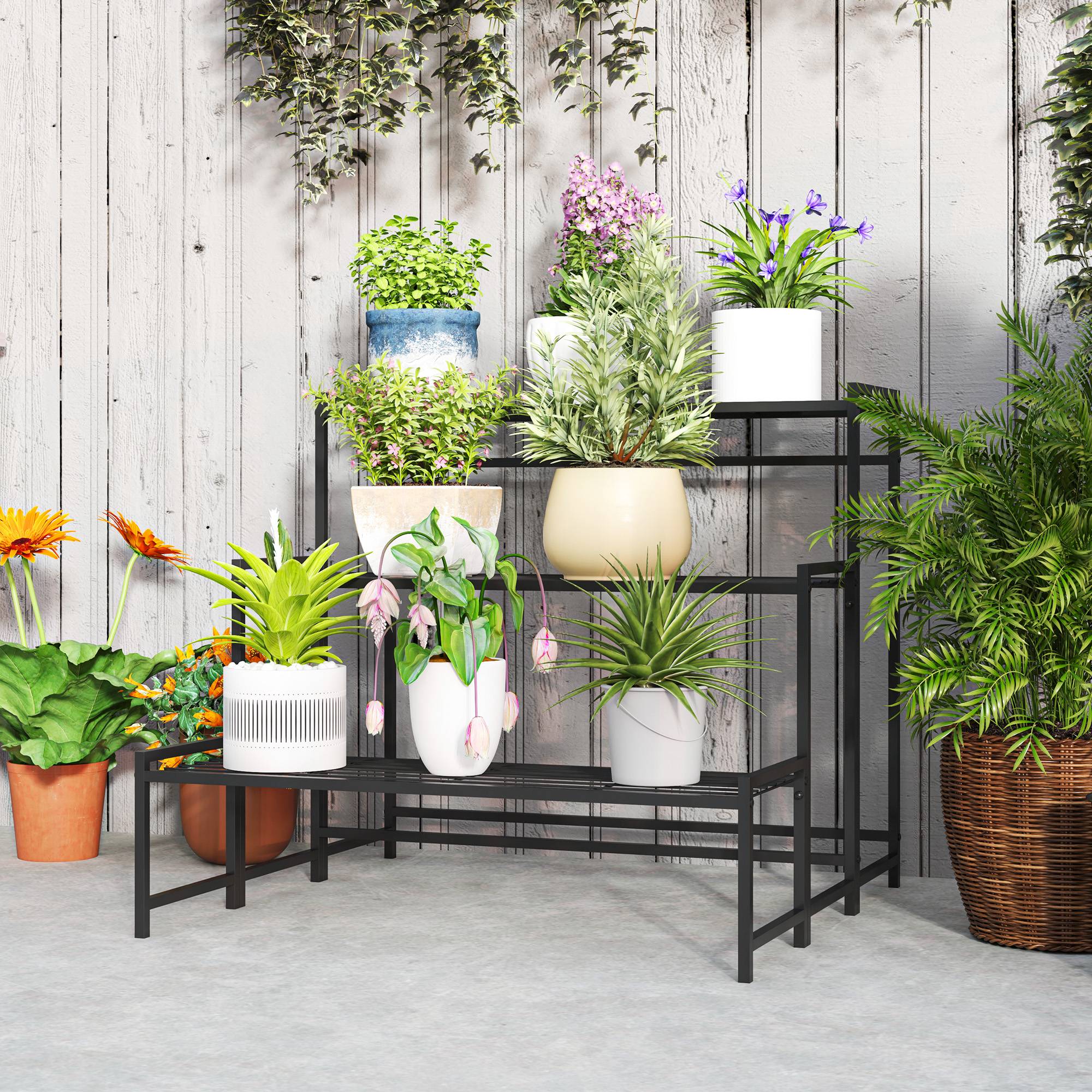 Étagère pour plantes en métal forme escalier 3 niveaux intérieur extérieur 75x70x66cm - ComfortXL Outdoor Living - Image 4