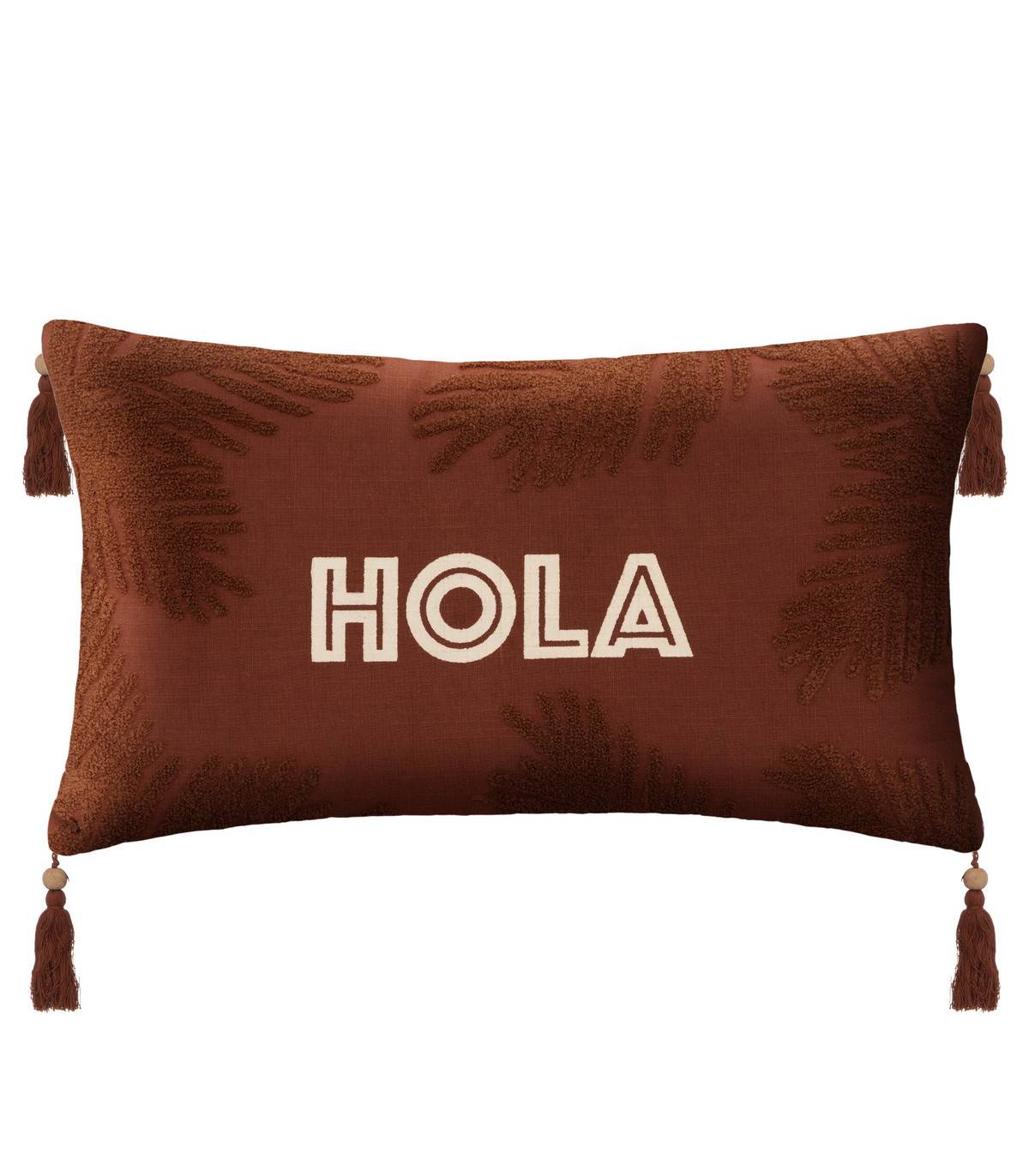 Coussin décoratif en Coton Cannelle motifs brodés avec pompons 38 x 58 cm - Imagen 1