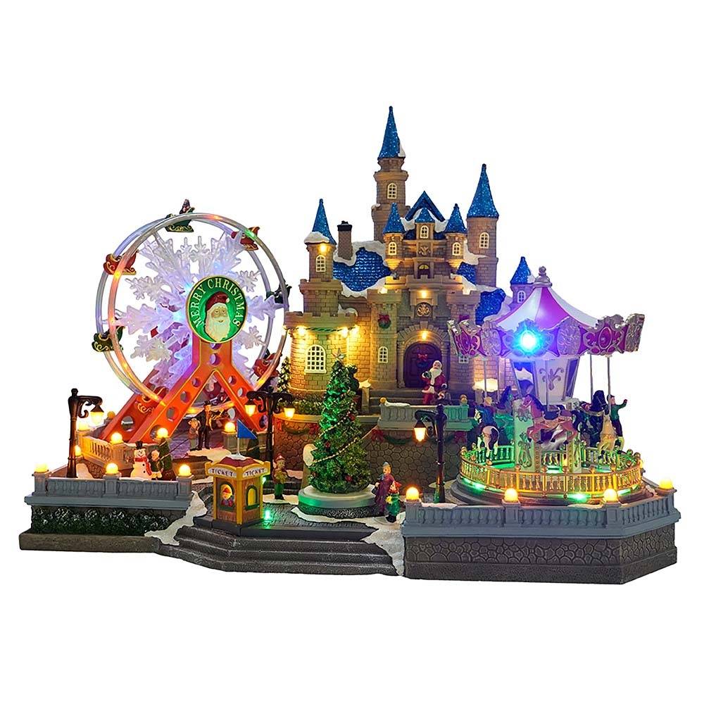 Village de Noël animé et lumineux château et fête foraine - Image 1