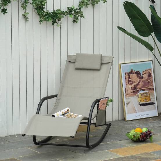 Fauteuil rocking-chair de jardin avec appui-tête et poche latérale, 150x62x88cm, noir et gris - Image 2