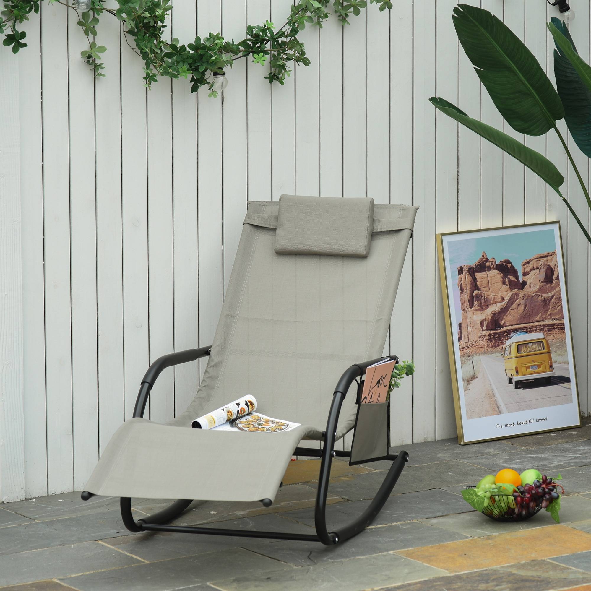 Fauteuil rocking-chair de jardin avec appui-tête et poche latérale, 150x62x88cm, noir et gris - Image 2