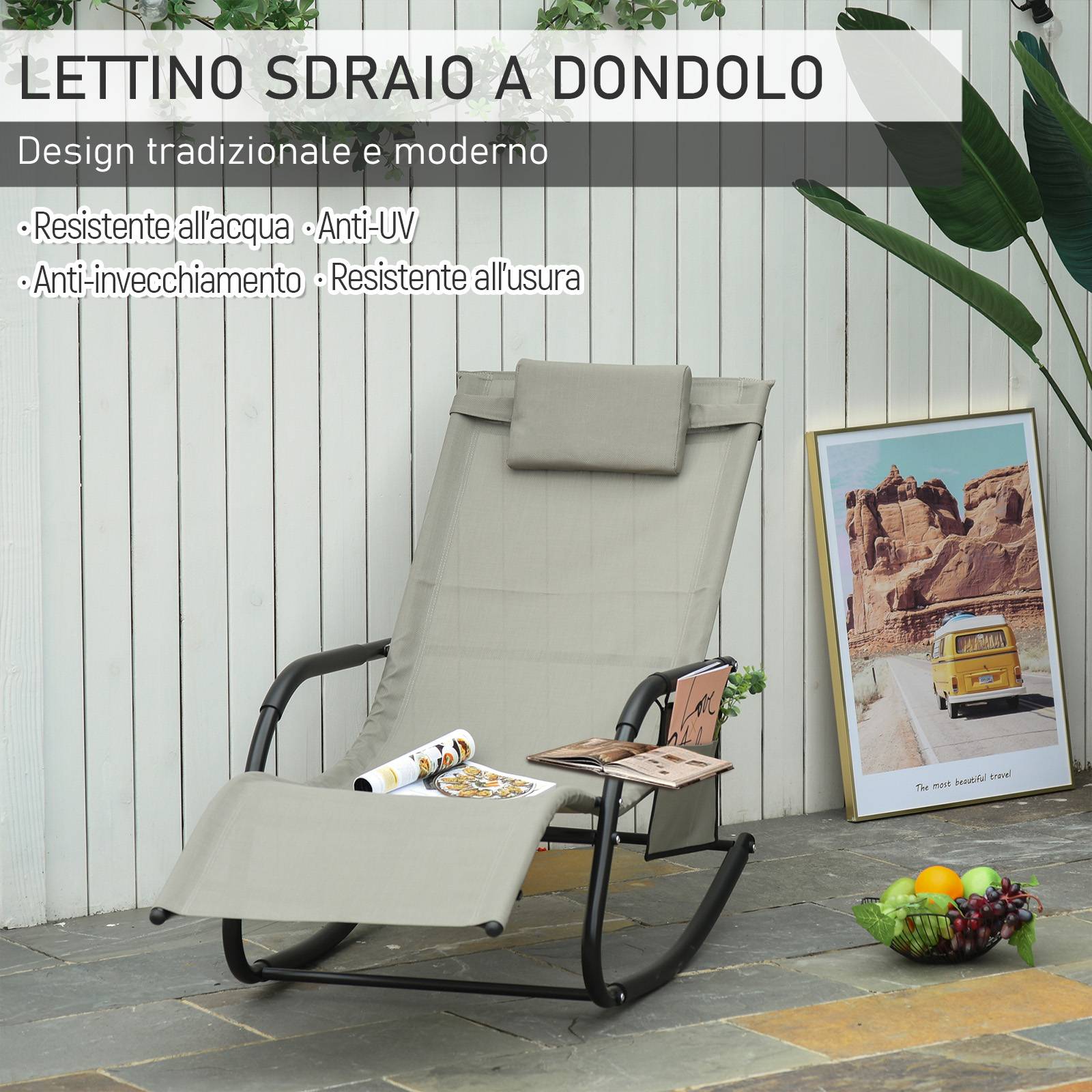 Fauteuil rocking-chair de jardin avec appui-tête et poche latérale, 150x62x88cm, noir et gris - Image 8