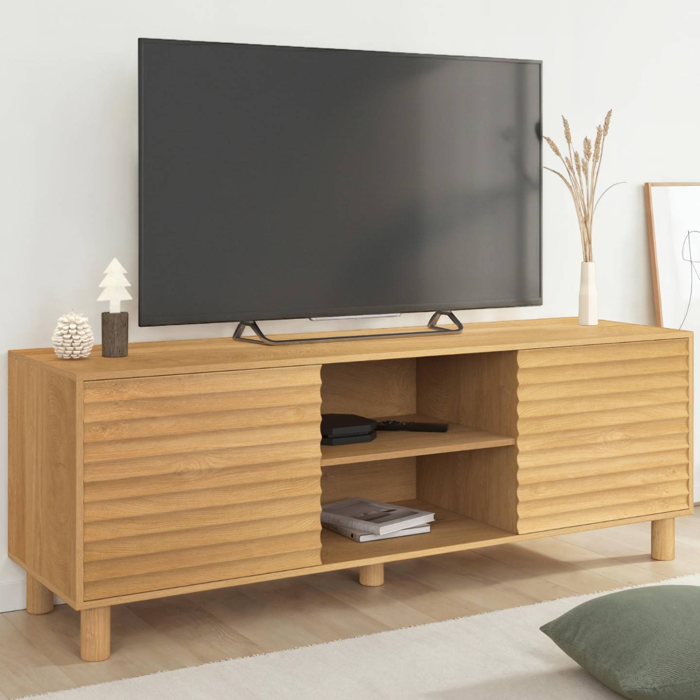 Meuble TV 140 cm JULIE 2 portes lattes tasseau bois coloris chêne - Image 1