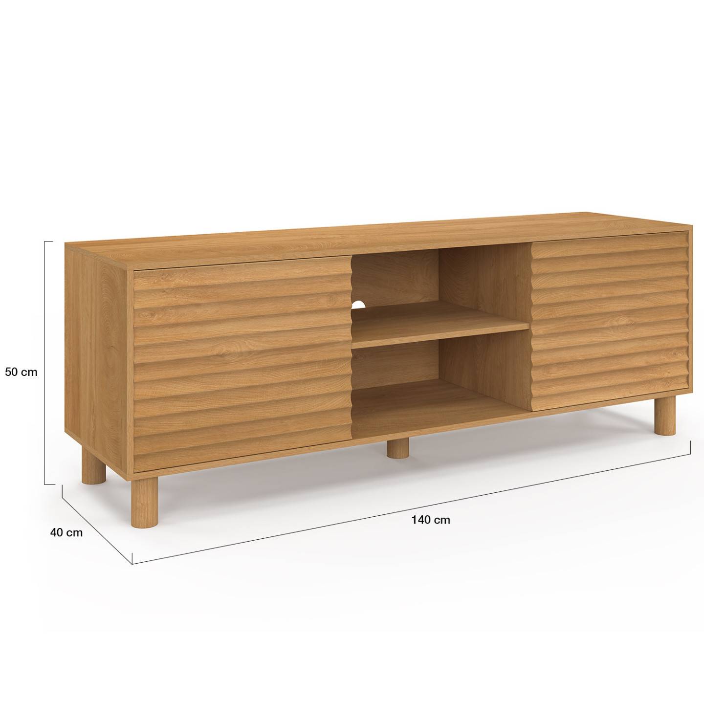 Meuble TV 140 cm JULIE 2 portes lattes tasseau bois coloris chêne - Image 5