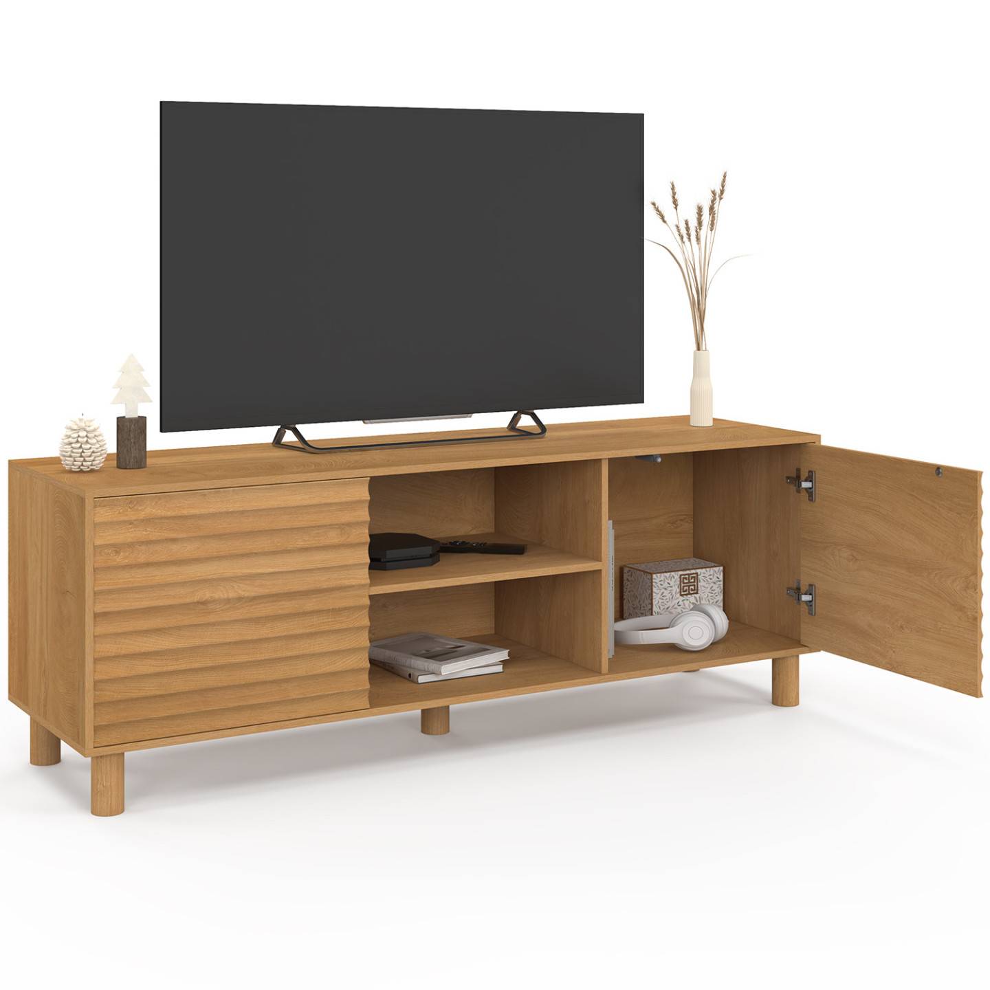 Meuble TV 140 cm JULIE 2 portes lattes tasseau bois coloris chêne - Image 4