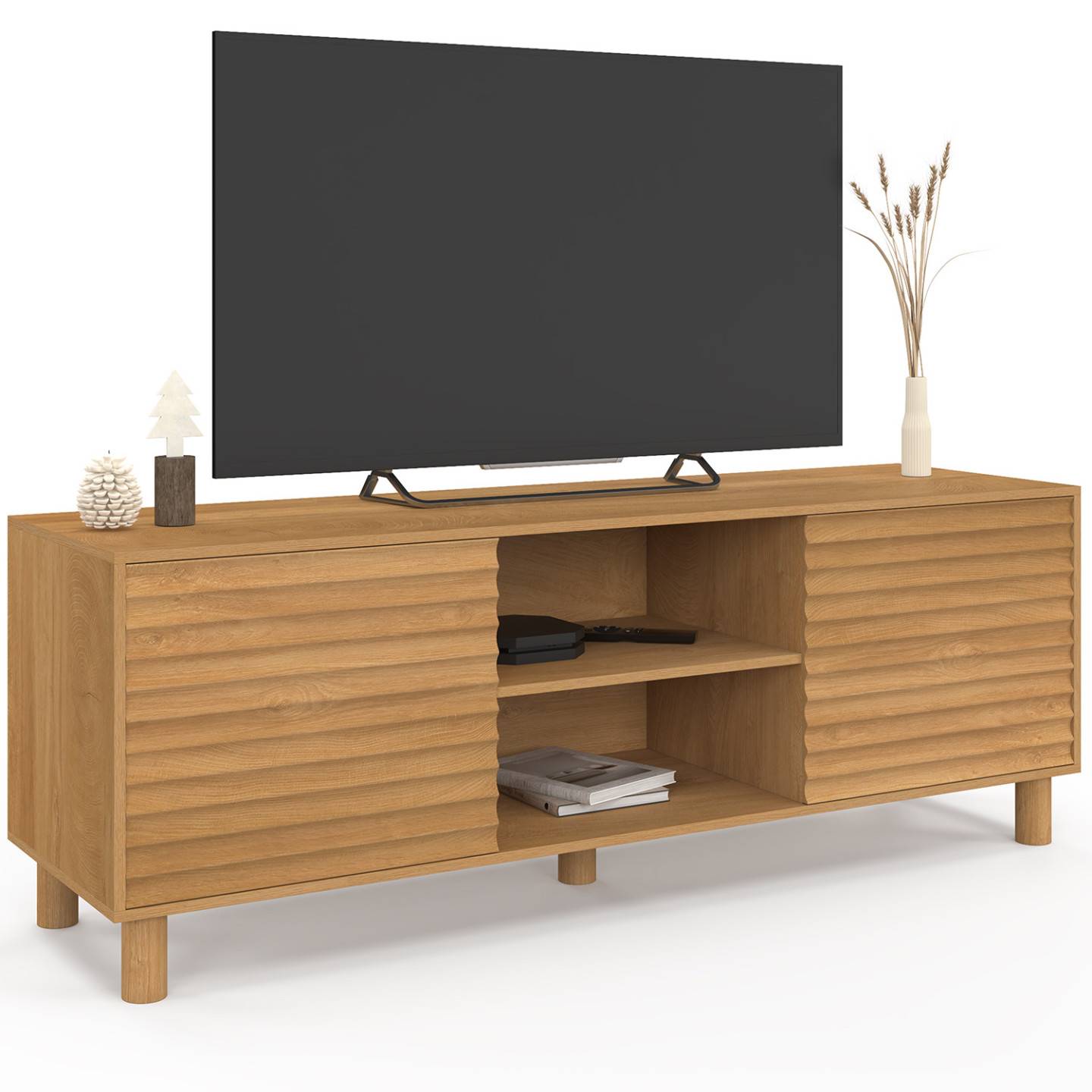 Meuble TV 140 cm JULIE 2 portes lattes tasseau bois coloris chêne - Image 2