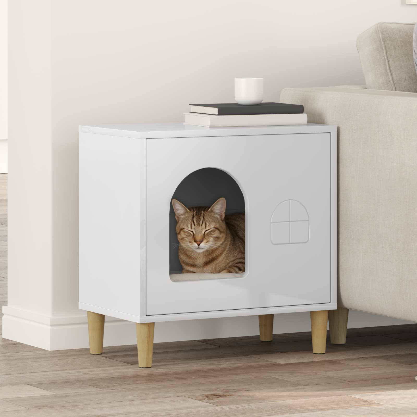 Abri Chat Intérieur Brillant Blanc 52cm pour Chat Surface Lisse Propre - ComfortXL Outdoor Living - Image 1