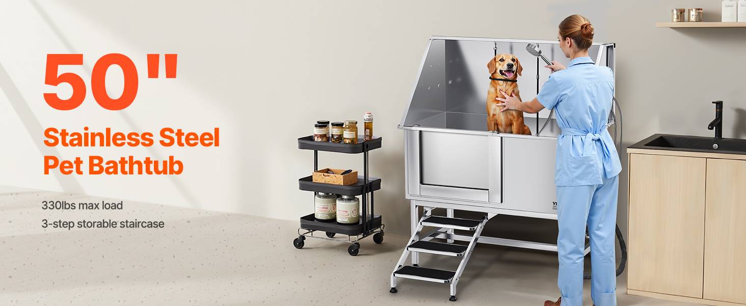VEVOR Baignoire chien inox, 127 cm, station lavage, escalier, robinet, pommeau douche. Porte gauche. - Image 9