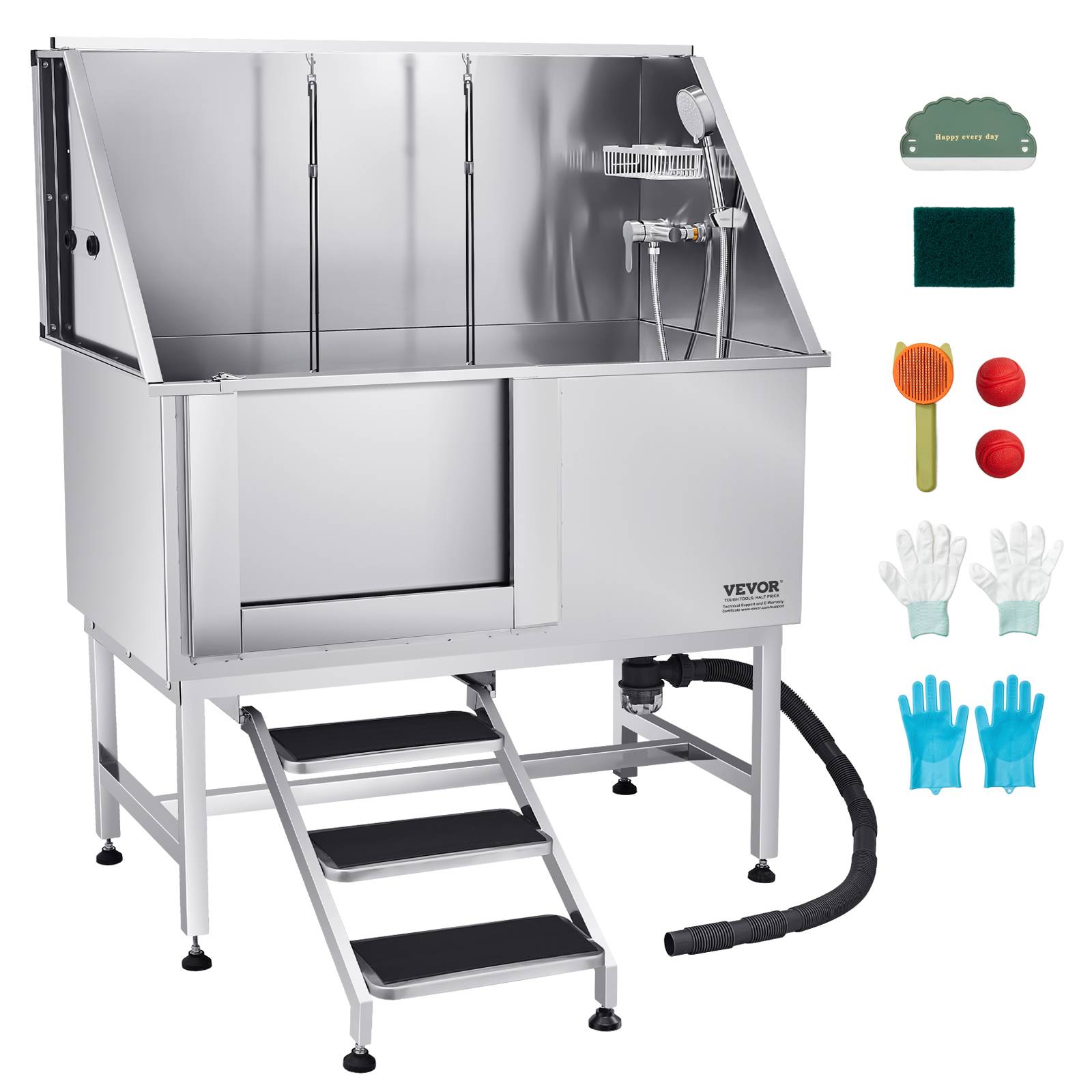 VEVOR Baignoire chien inox, 127 cm, station lavage, escalier, robinet, pommeau douche. Porte gauche. - Image 1