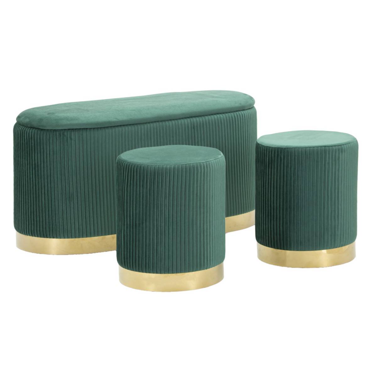 Paris Prix - Banc Coffre & 2 Poufs "Shopy" 80cm Vert & Or