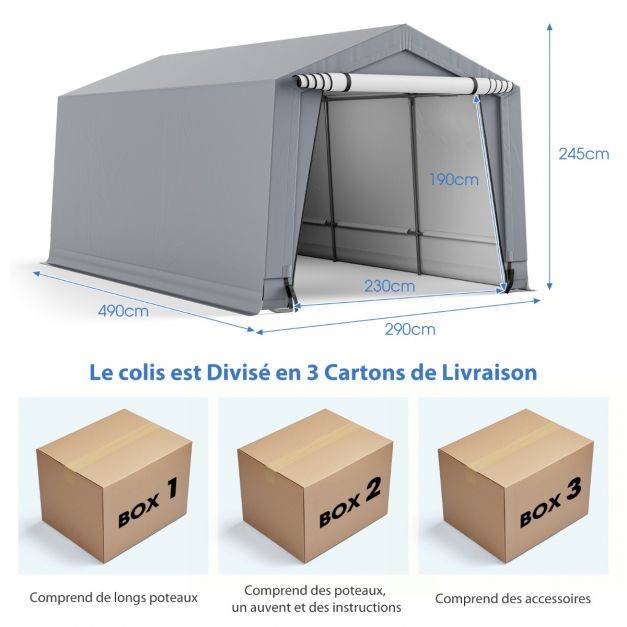 Helloshop26 - Abri garage pour voiture 290 x 490 cm tente de stockage en acier abri de voiture toutes saisons pour suv bateau - Imagen 5