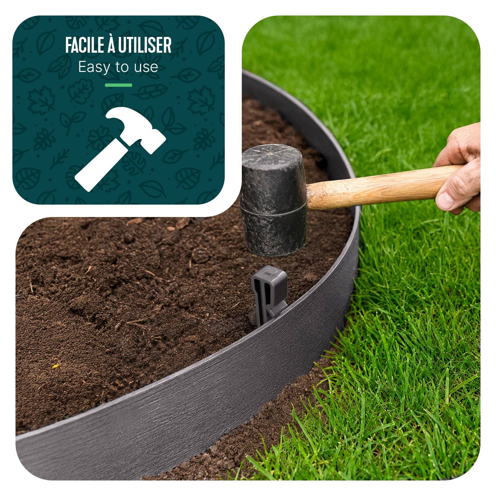 Vounot - Bordure de jardin haute flexible 10M en PE avec 6 piquets - hauteur 13cm - epaisseur 3mm - gris - VOUNOT® - Image 4