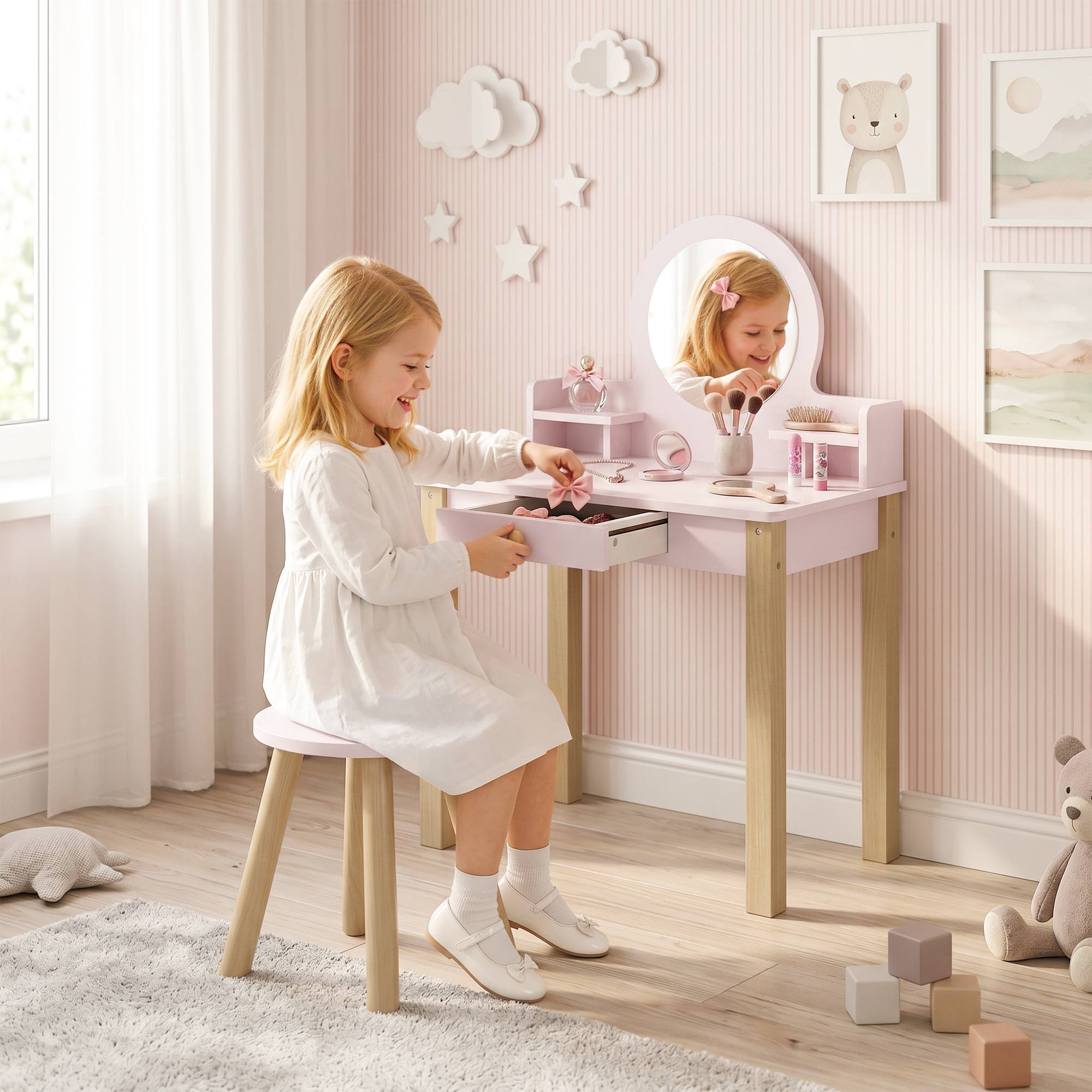 Sans Marque - Coiffeuse enfant en bois avec miroir et tabouret, table de maquillage enfant avec tiroir et étagère, 3 à 6 ans, rose - Image 3