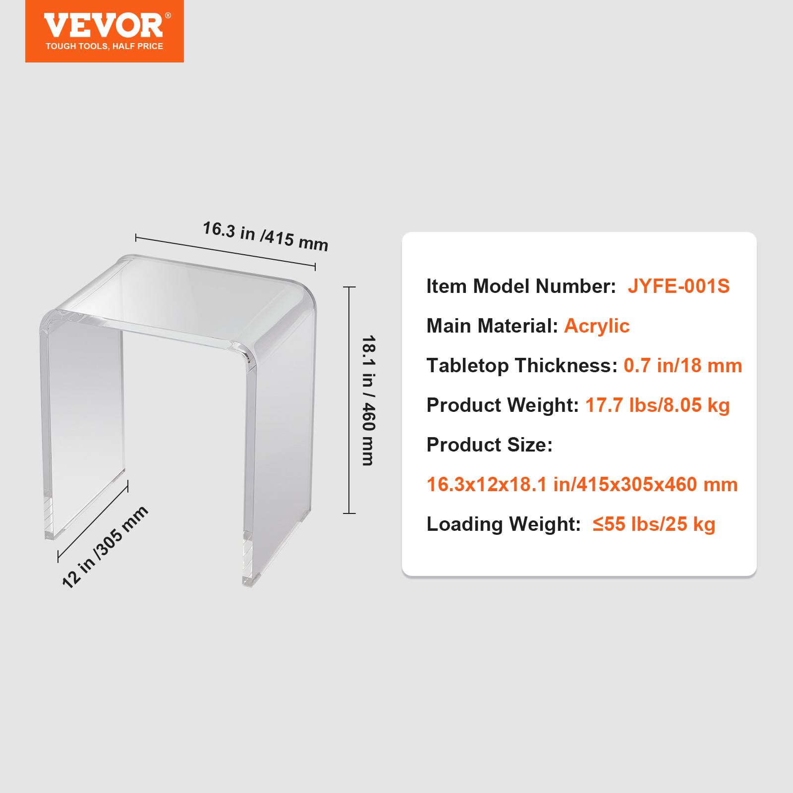 VEVOR Table appoint forme C 415x305x460 mm, acrylique, charge 25 kg. Salon, chambre, transparent. - Image 7