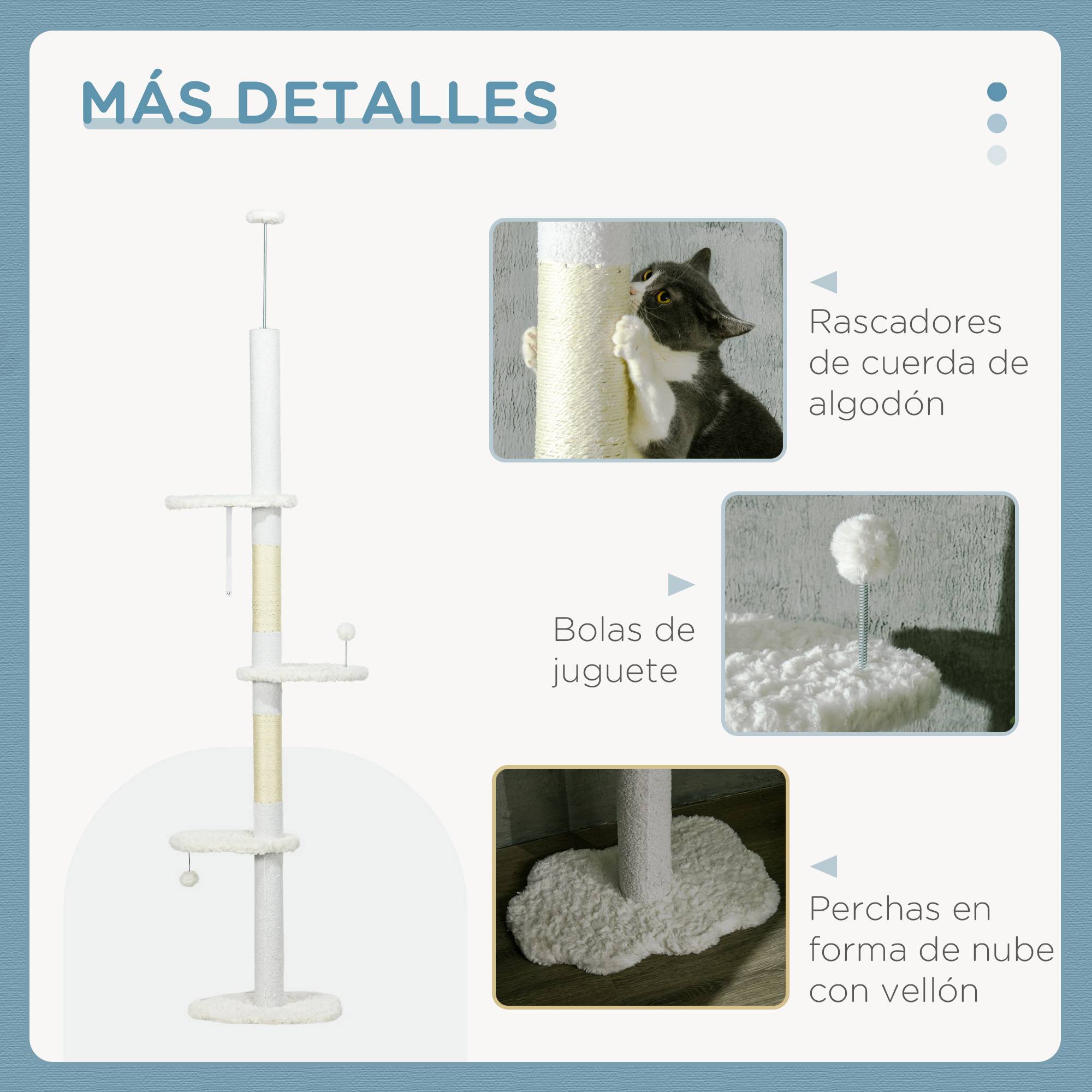 Arbre à chat réglable du sol au plafond avec 3 plateformes en forme de nuage et 2 balles, 48 x 32 x 225-255 cm, blanc - Image 8