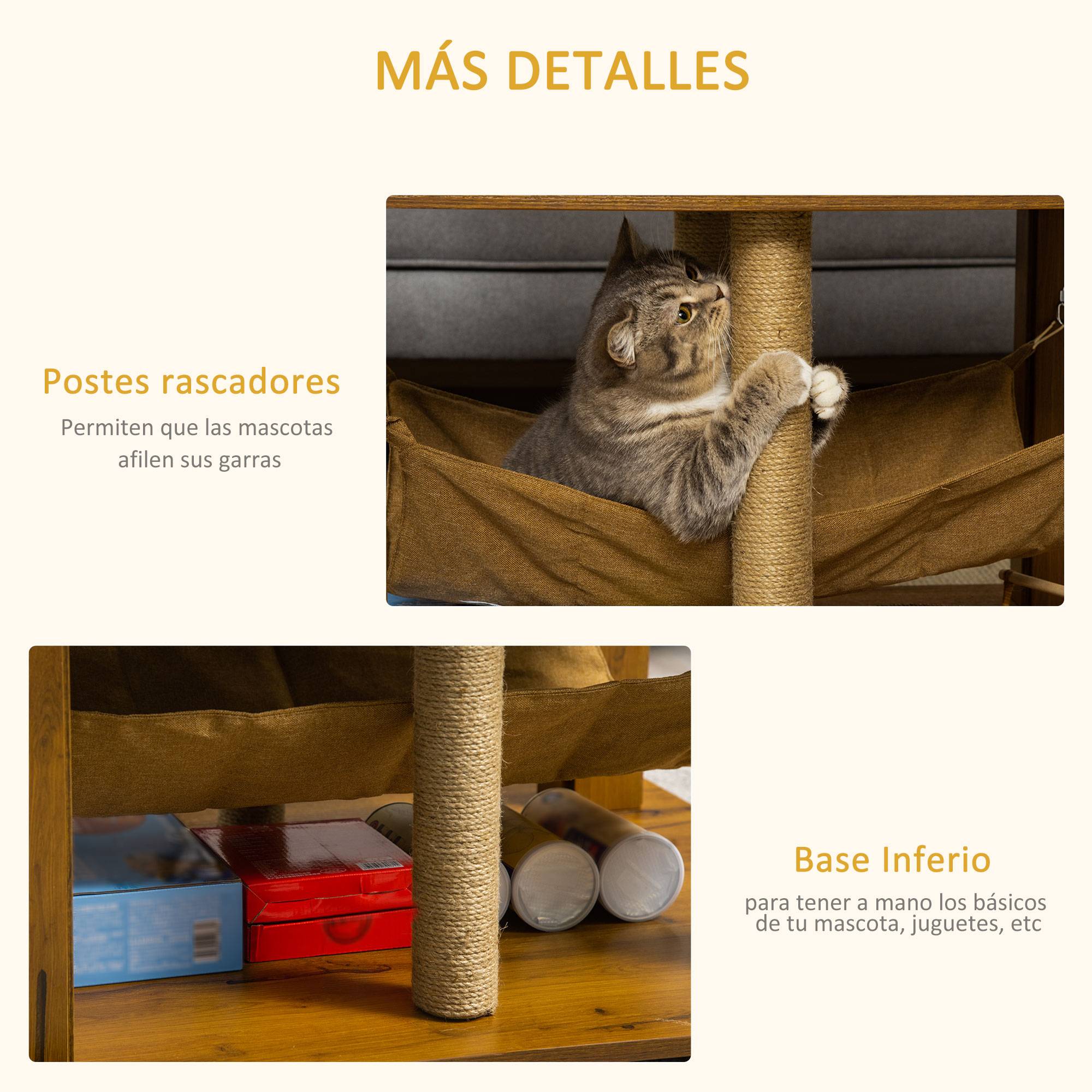Table Basse pour Chat en Bois avec Hamac et Poteaux à Griffer en Jute pour Salon 79x59 cm Marron - ComfortXL Outdoor Living - Image 7