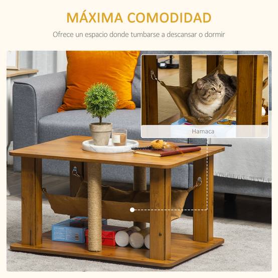 Table Basse pour Chat en Bois avec Hamac et Poteaux à Griffer en Jute pour Salon 79x59 cm Marron - ComfortXL Outdoor Living - Image 6