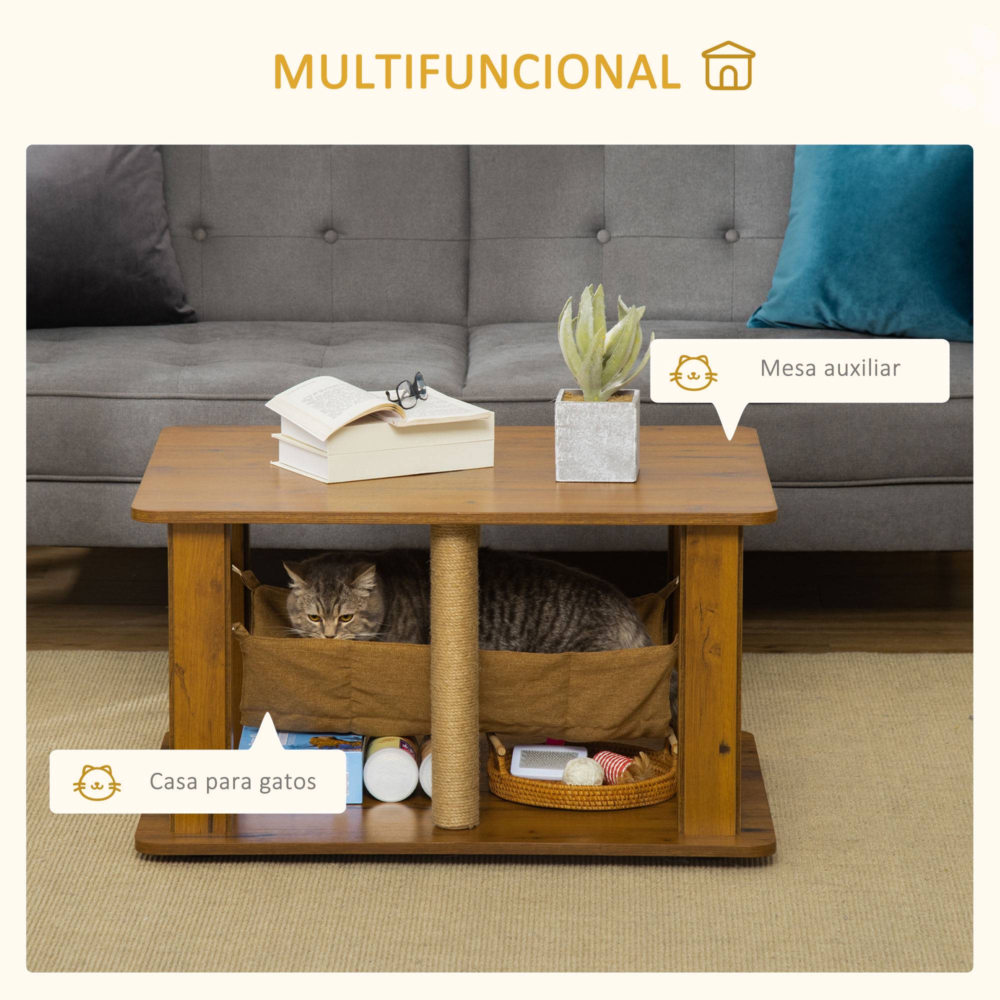 Table Basse pour Chat en Bois avec Hamac et Poteaux à Griffer en Jute pour Salon 79x59 cm Marron - ComfortXL Outdoor Living - Image 5