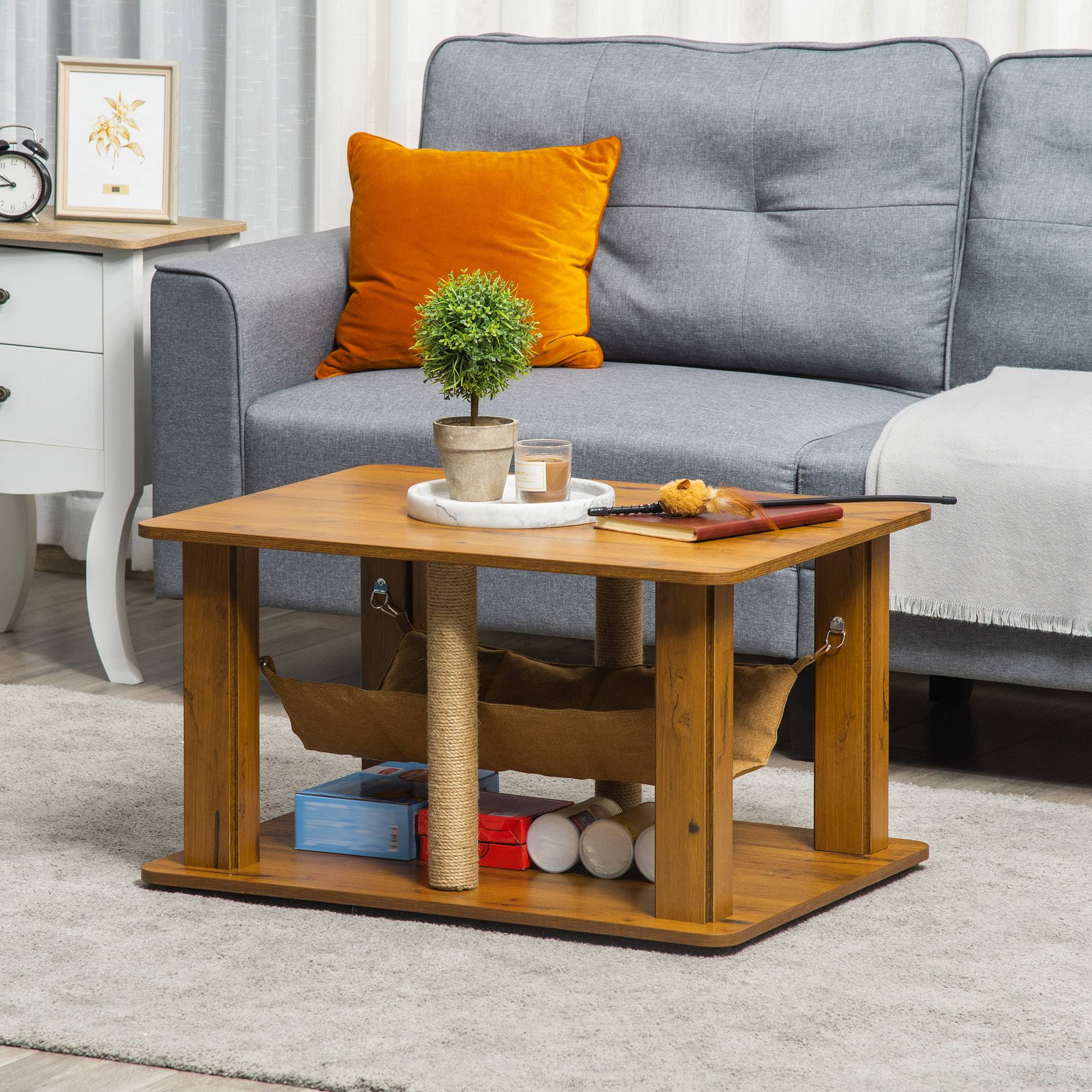 Table Basse pour Chat en Bois avec Hamac et Poteaux à Griffer en Jute pour Salon 79x59 cm Marron - ComfortXL Outdoor Living - Image 3