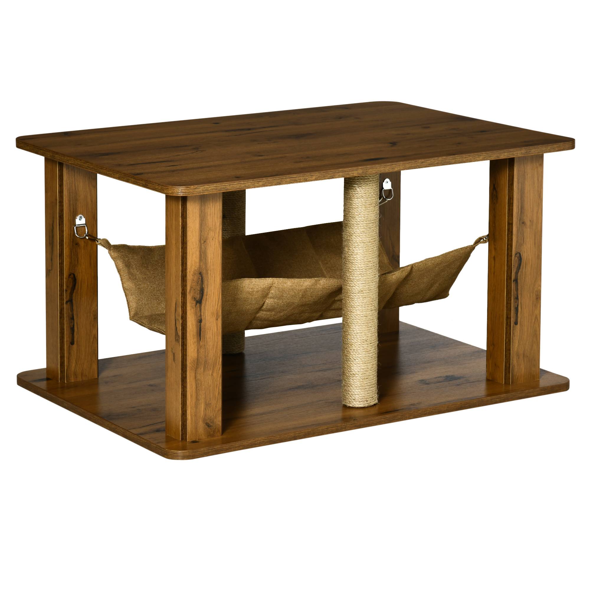Table Basse pour Chat en Bois avec Hamac et Poteaux à Griffer en Jute pour Salon 79x59 cm Marron - ComfortXL Outdoor Living - Image 1