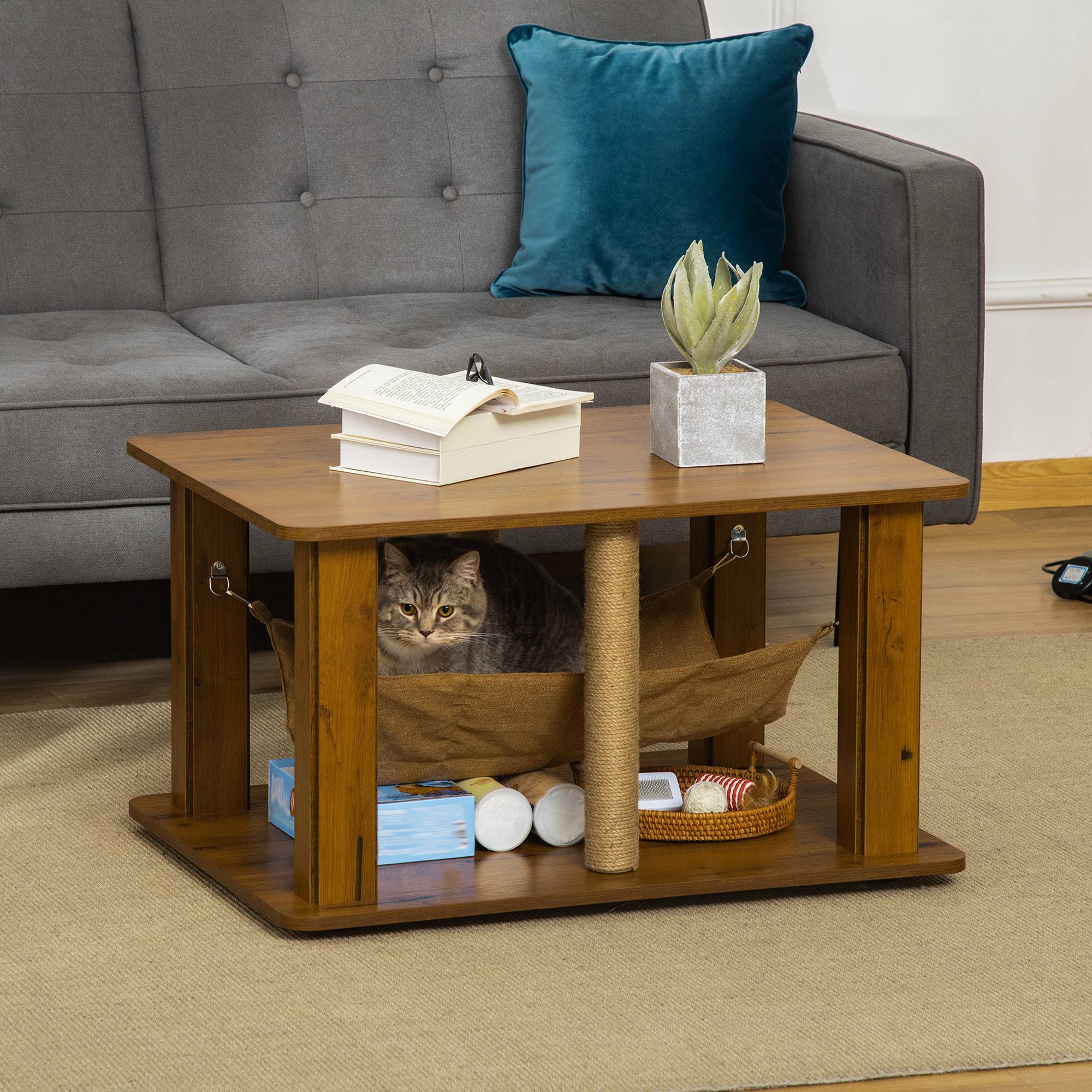Table Basse pour Chat en Bois avec Hamac et Poteaux à Griffer en Jute pour Salon 79x59 cm Marron - ComfortXL Outdoor Living - Image 2