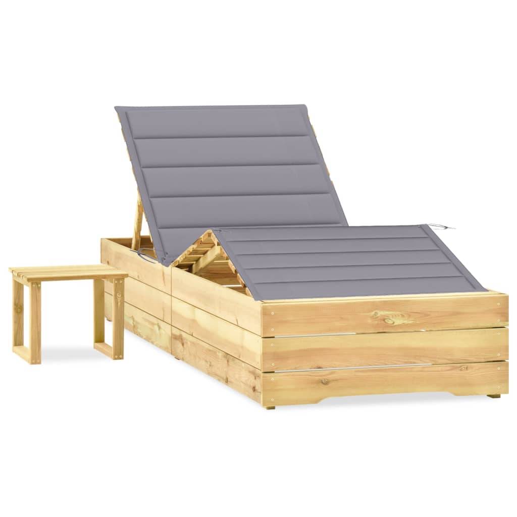 Bain de soleil - Transat - Chaise longue avec table et coussin Pin imprégné - MEUBLE PRO - Image 2