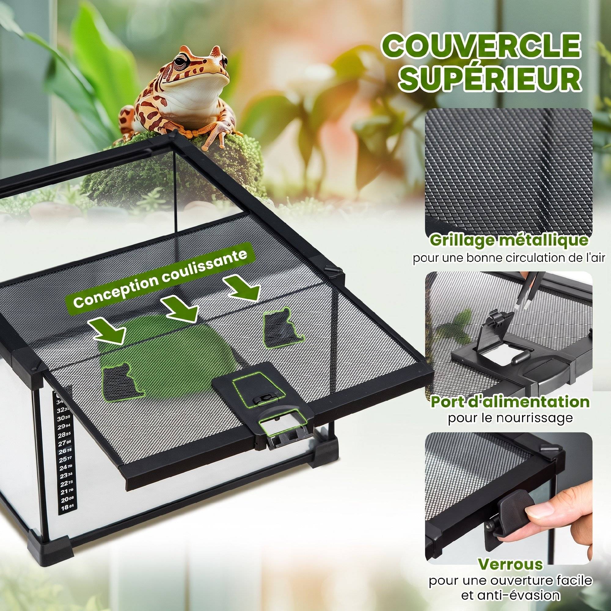 ComfortXL - Terrarium pour reptiles en verre trempé 30 x 30 x 20 cm noir avec couvercle grillagé coulissant et trappe de nourrissage - Image 5