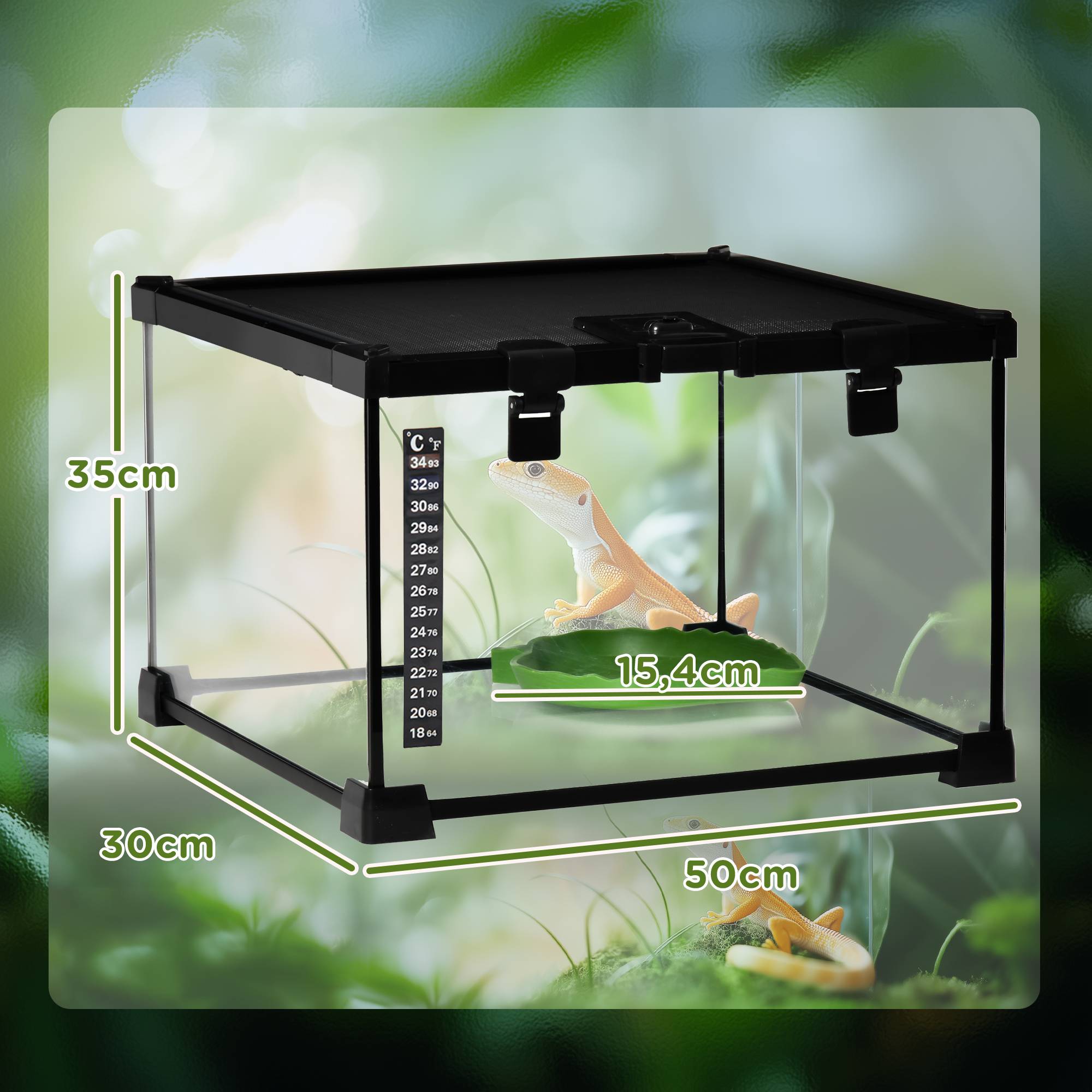 ComfortXL - Terrarium pour reptiles en verre trempé 30 x 30 x 20 cm noir avec couvercle grillagé coulissant et trappe de nourrissage - Image 3