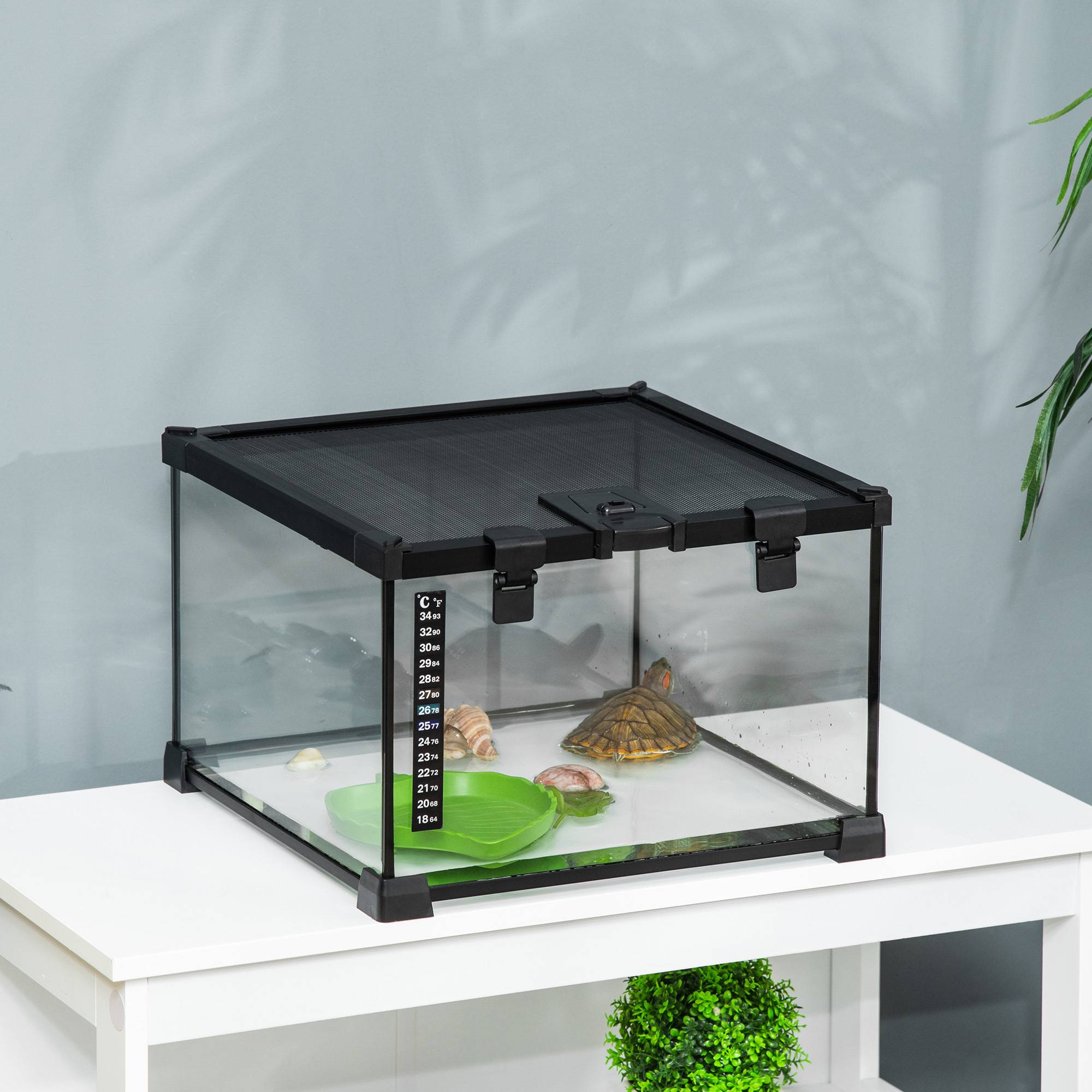 ComfortXL - Terrarium pour reptiles en verre trempé 30 x 30 x 20 cm noir avec couvercle grillagé coulissant et trappe de nourrissage - Image 9
