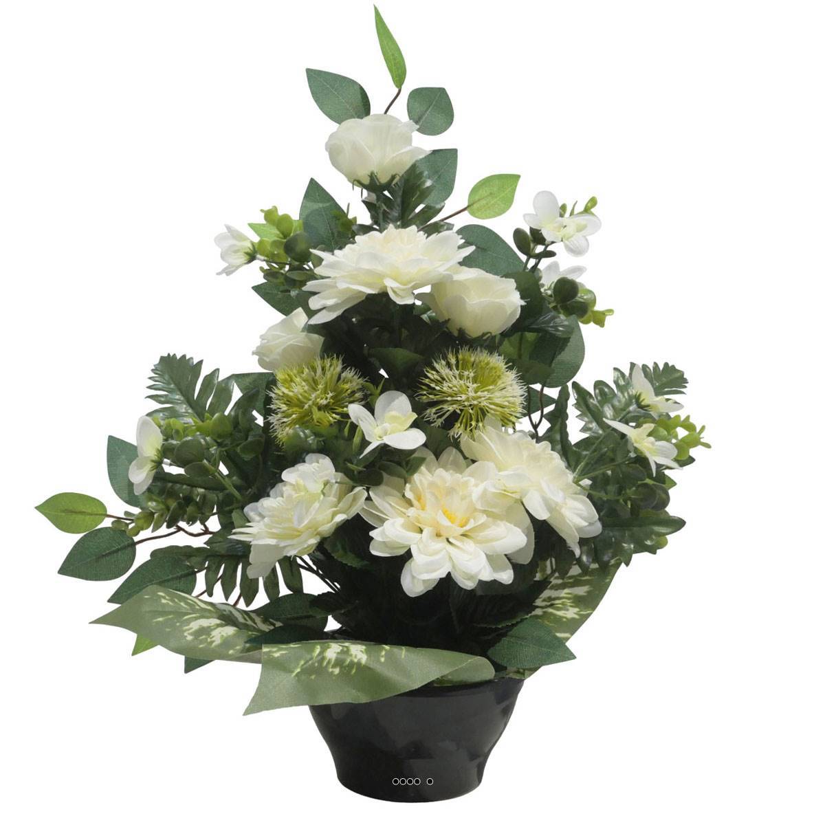 Artificielles - Vasque de Dahlia, Rose, Mini fleurs, Chardon et Ficus Crème artificiels - Toussaint - couleur: Crème - Imagen 1