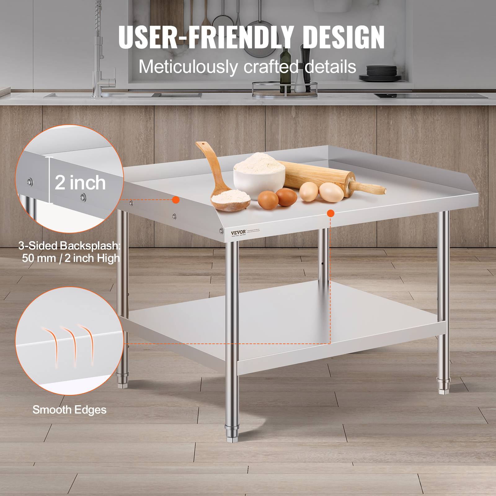 VEVOR Table préparation métal 30x36x26 pouces, protection 3 côtés, hauteur réglable, pour cuisine commerciale. - Image 4