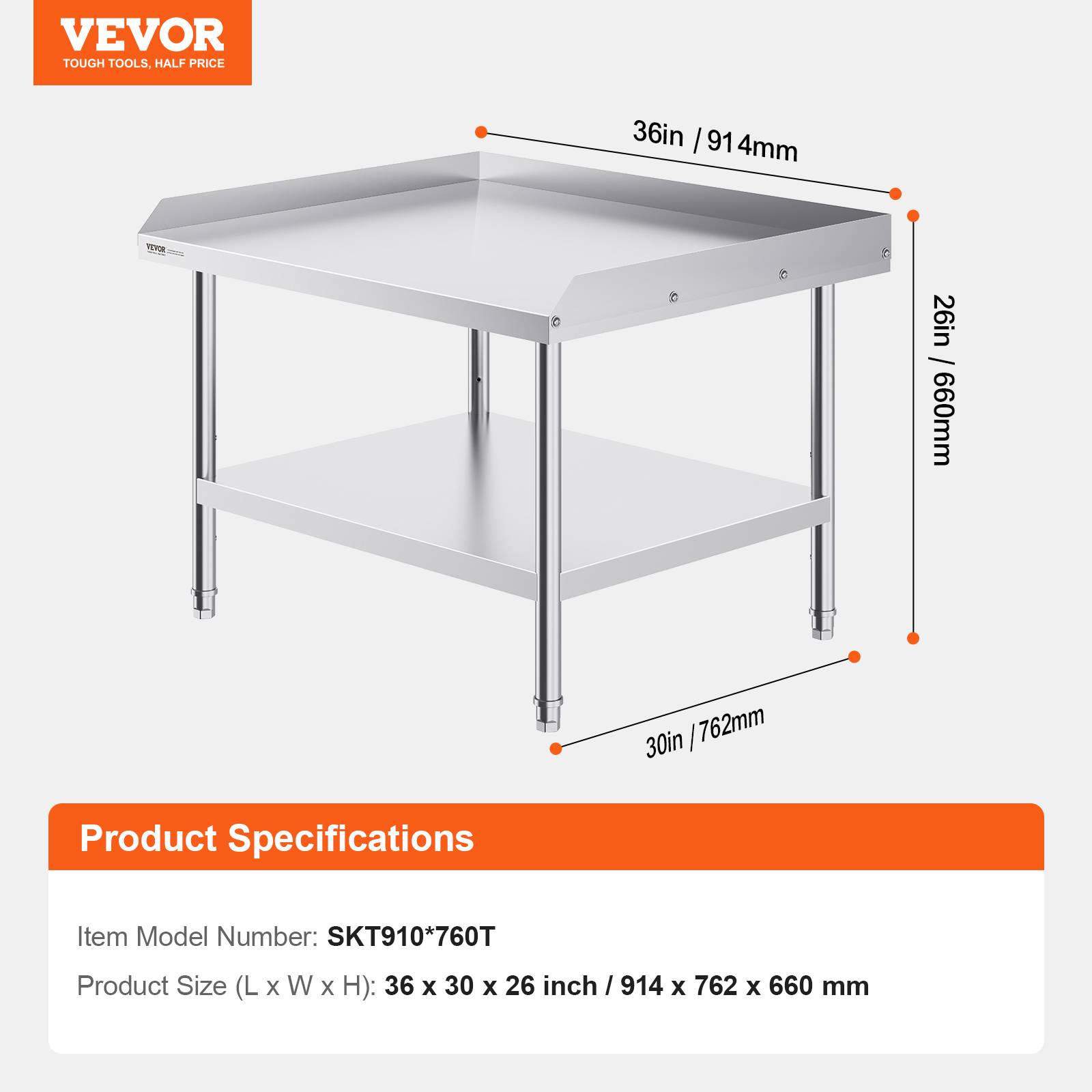 VEVOR Table préparation métal 30x36x26 pouces, protection 3 côtés, hauteur réglable, pour cuisine commerciale. - Image 7