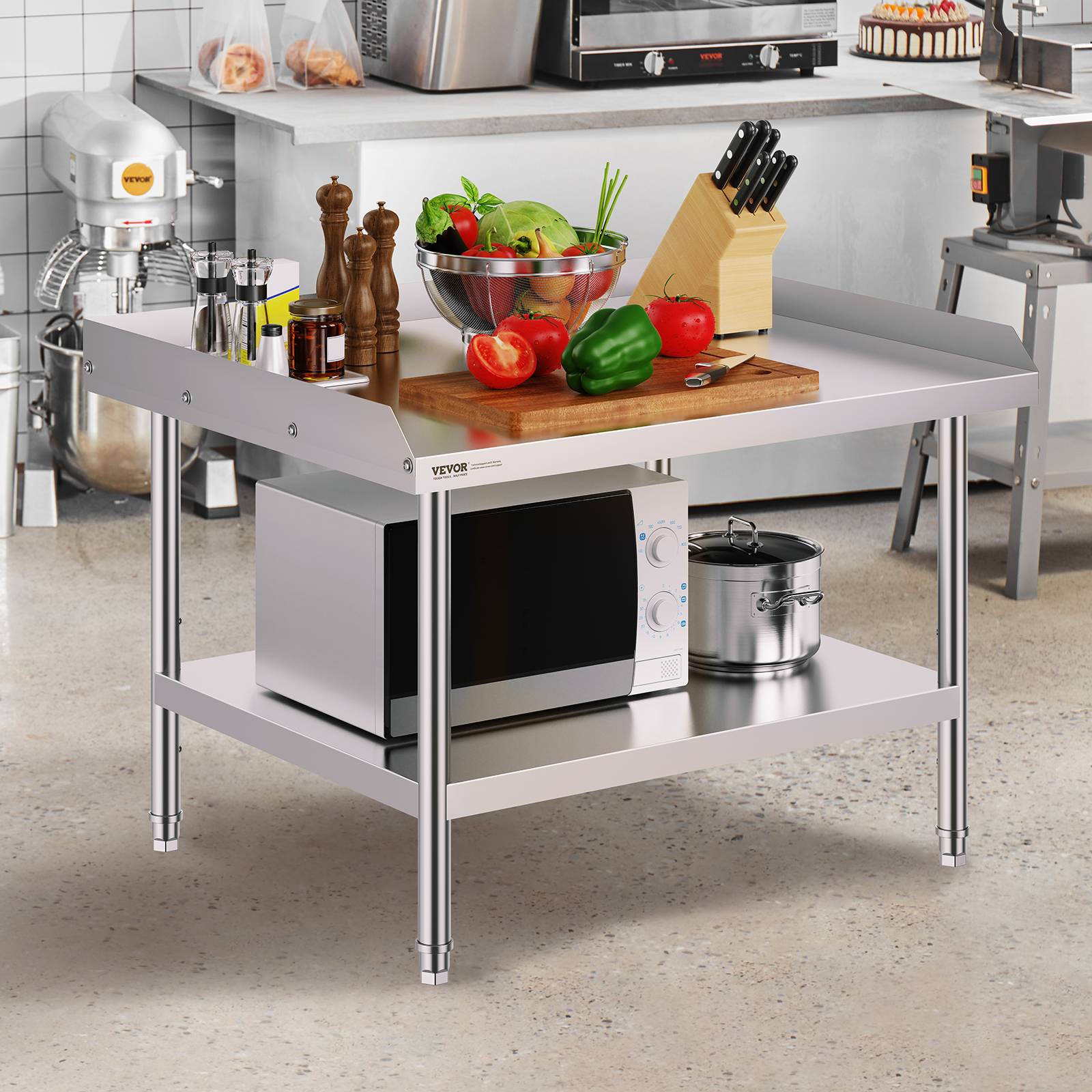 VEVOR Table préparation métal 30x36x26 pouces, protection 3 côtés, hauteur réglable, pour cuisine commerciale. - Image 8