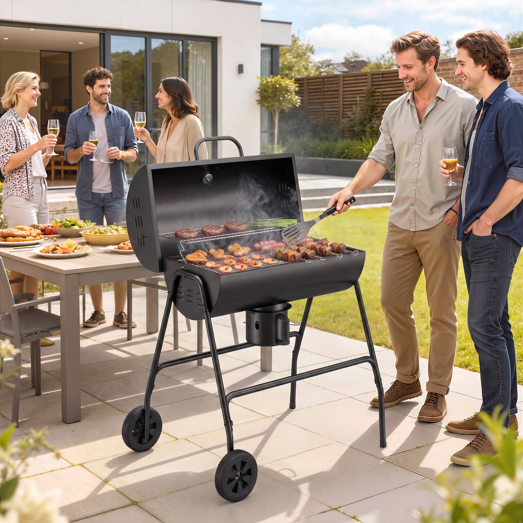 Sans Marque - Barbecue fumoir à charbon de bois en métal avec couvercle, thermomètre, roulettes et chariot, 95 x 71,5 x 102 cm, noir - Image 4