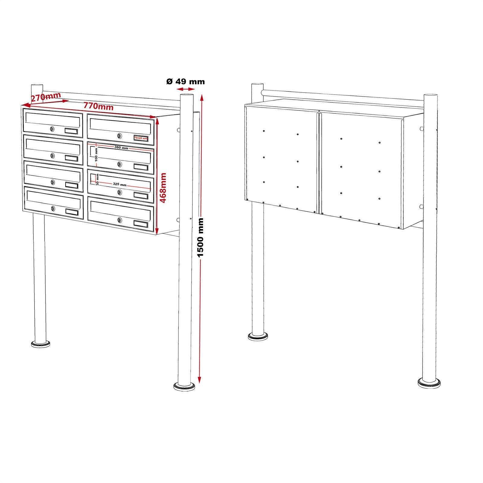 Helloshop26 - Bloc 8 boite aux lettres 2x4 compartiments superposé pied de support acier galvanisé 48,6 x 77 x 27 cm anthracite - Imagen 3