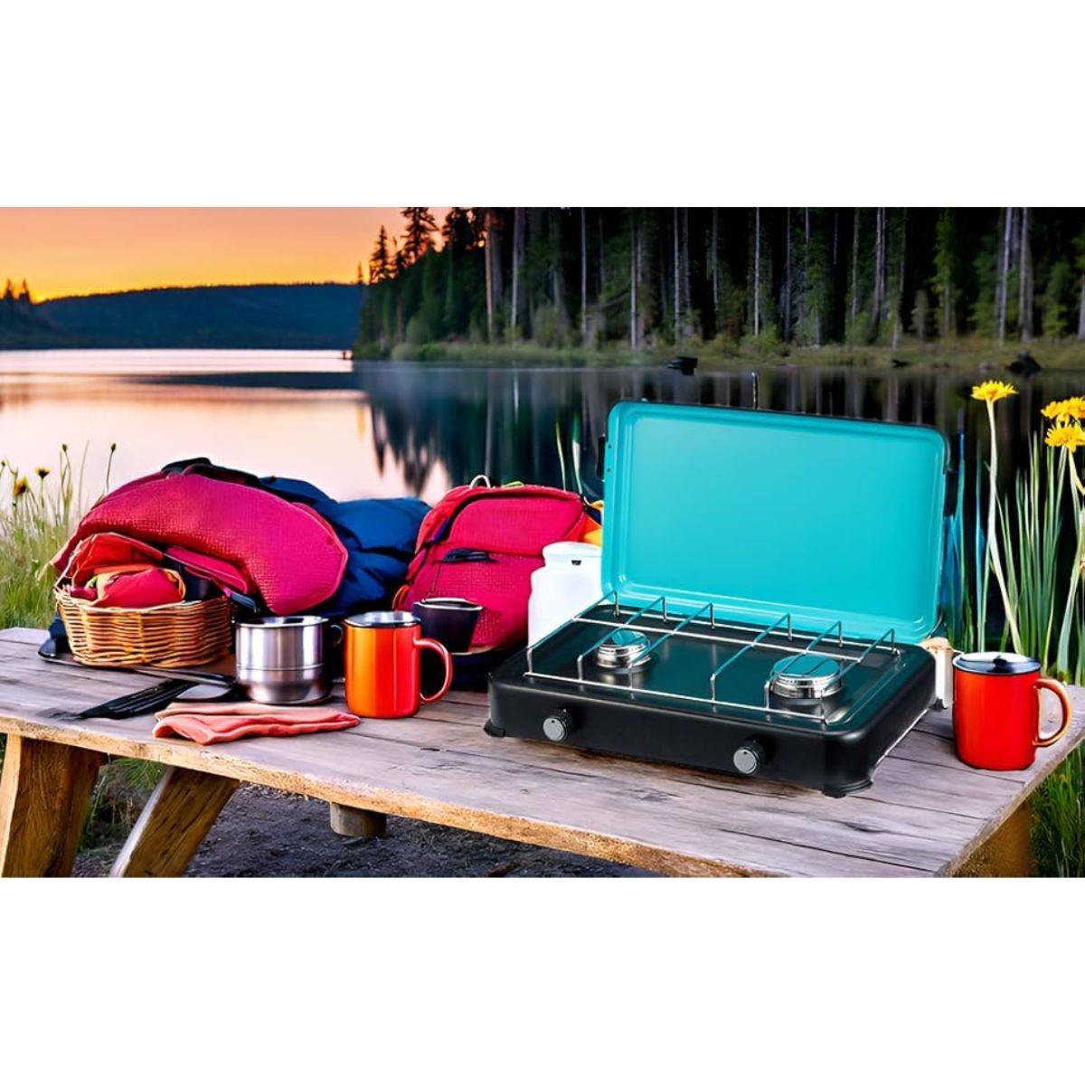 Plaque de cuisson gaz 2 feux 2350W Cuisinière à gaz portable, Plaque à gaz Butane/Propane Bruleurs inox tuyau gaz INTEC - Imagen 3