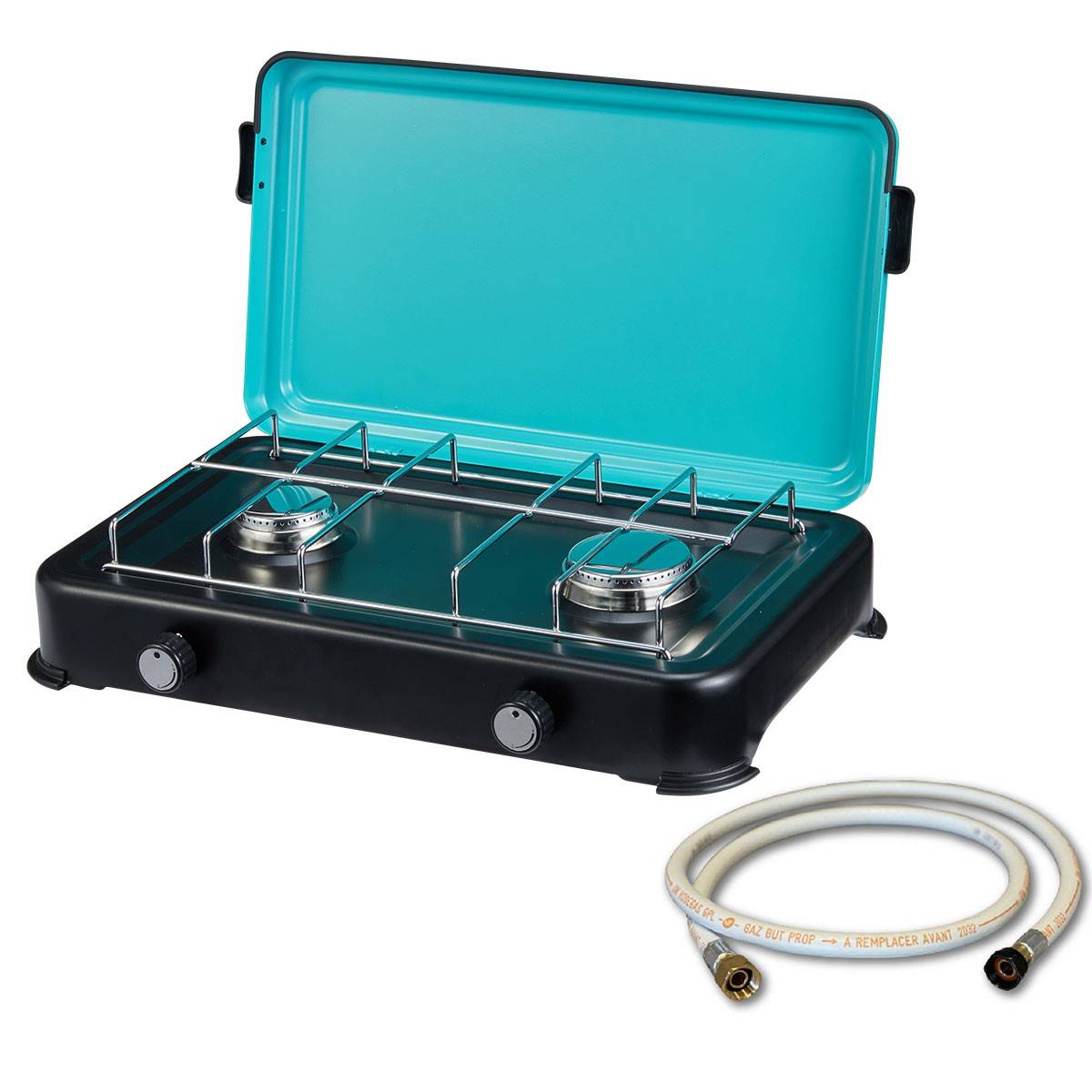 Plaque de cuisson gaz 2 feux 2350W Cuisinière à gaz portable, Plaque à gaz Butane/Propane Bruleurs inox tuyau gaz INTEC - Imagen 1