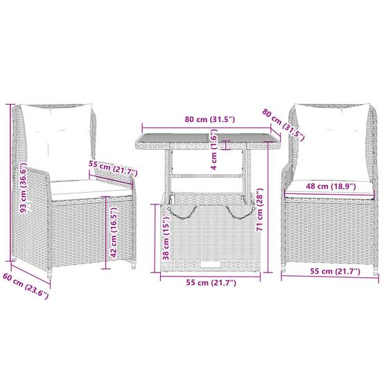Salon de Jardin Balcon 2 Places Fauteuils Inclinables et Table Relevable Noir – ComfortXL Outdoor Living - Image 9