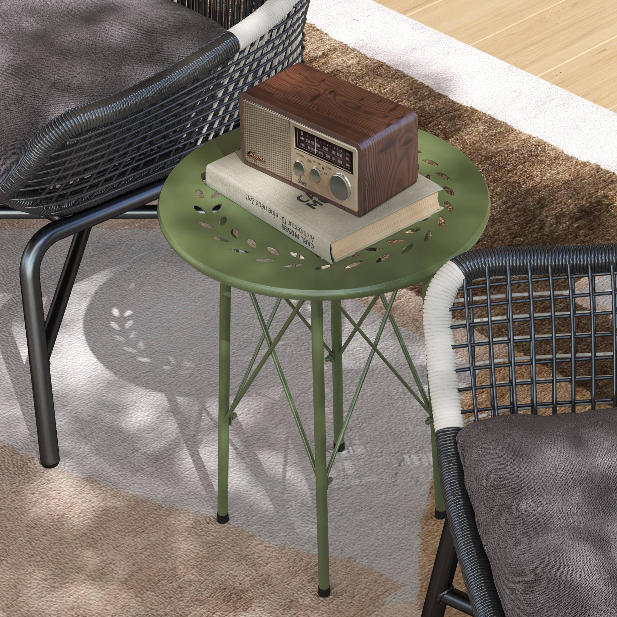 Table d'appoint ronde acier balcon jardin motif floral patins réglables vert - ComfortXL Outdoor Living - Image 10