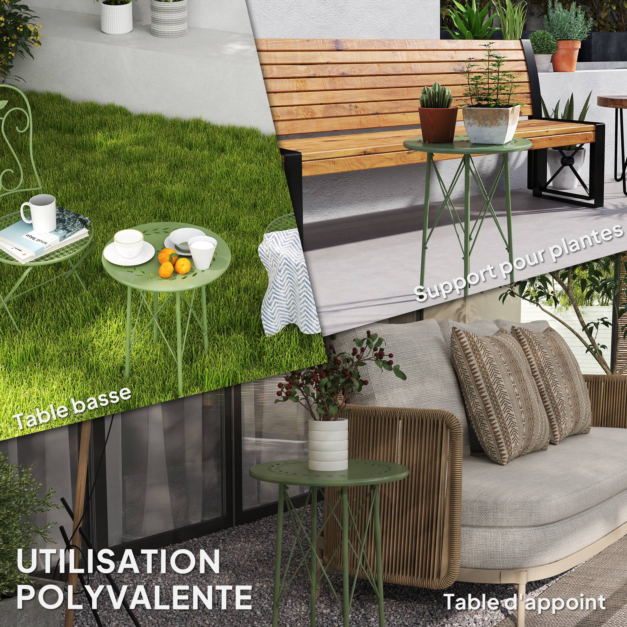Table d'appoint ronde acier balcon jardin motif floral patins réglables vert - ComfortXL Outdoor Living - Image 9