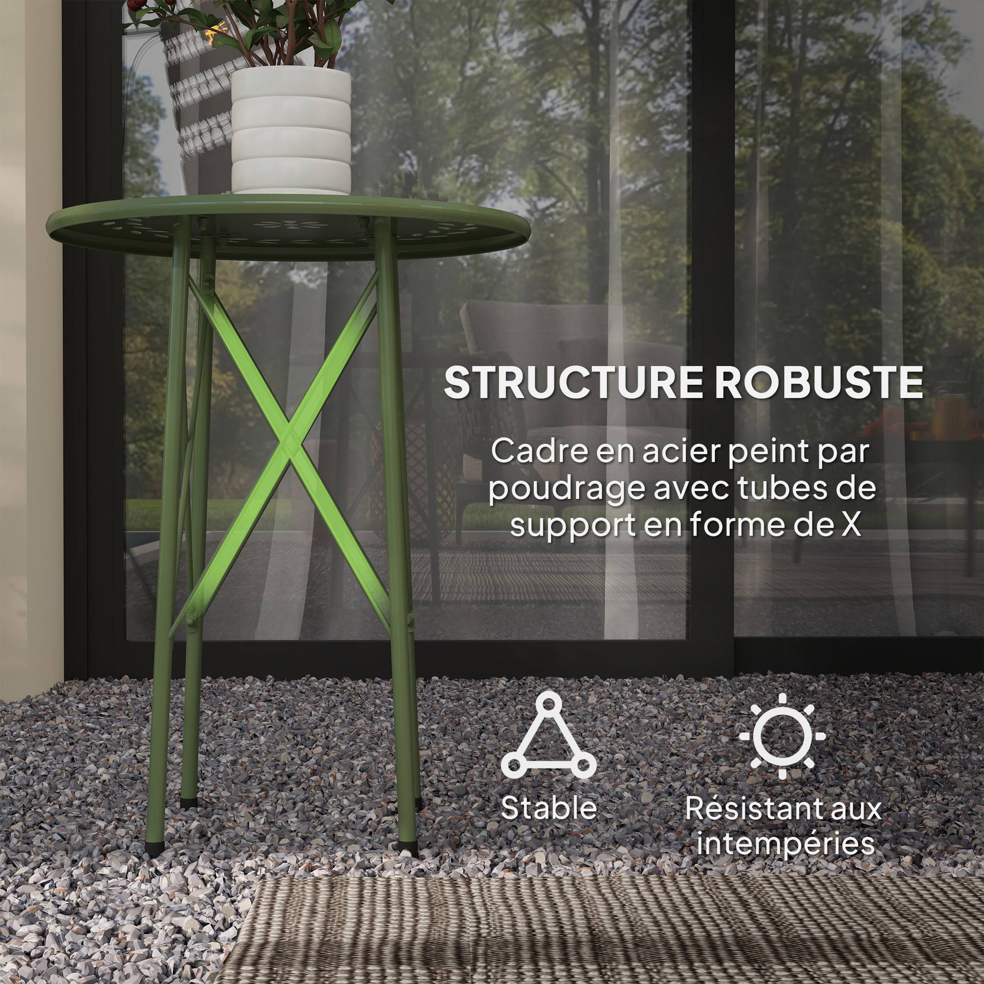 Table d'appoint ronde acier balcon jardin motif floral patins réglables vert - ComfortXL Outdoor Living - Image 7