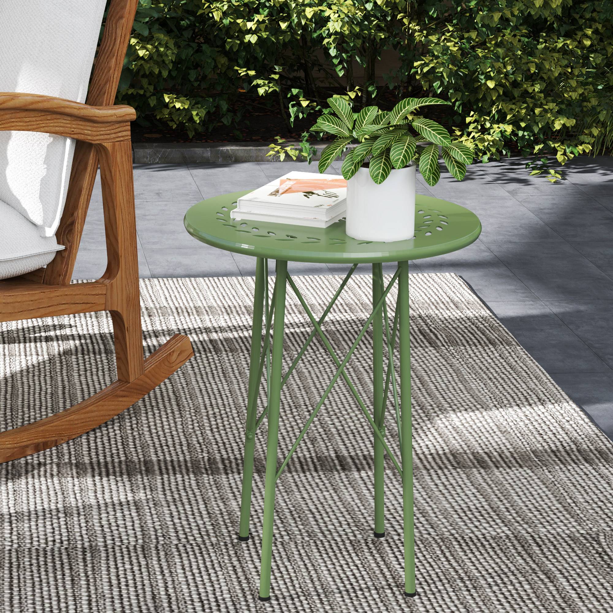 Table d'appoint ronde acier balcon jardin motif floral patins réglables vert - ComfortXL Outdoor Living - Image 3