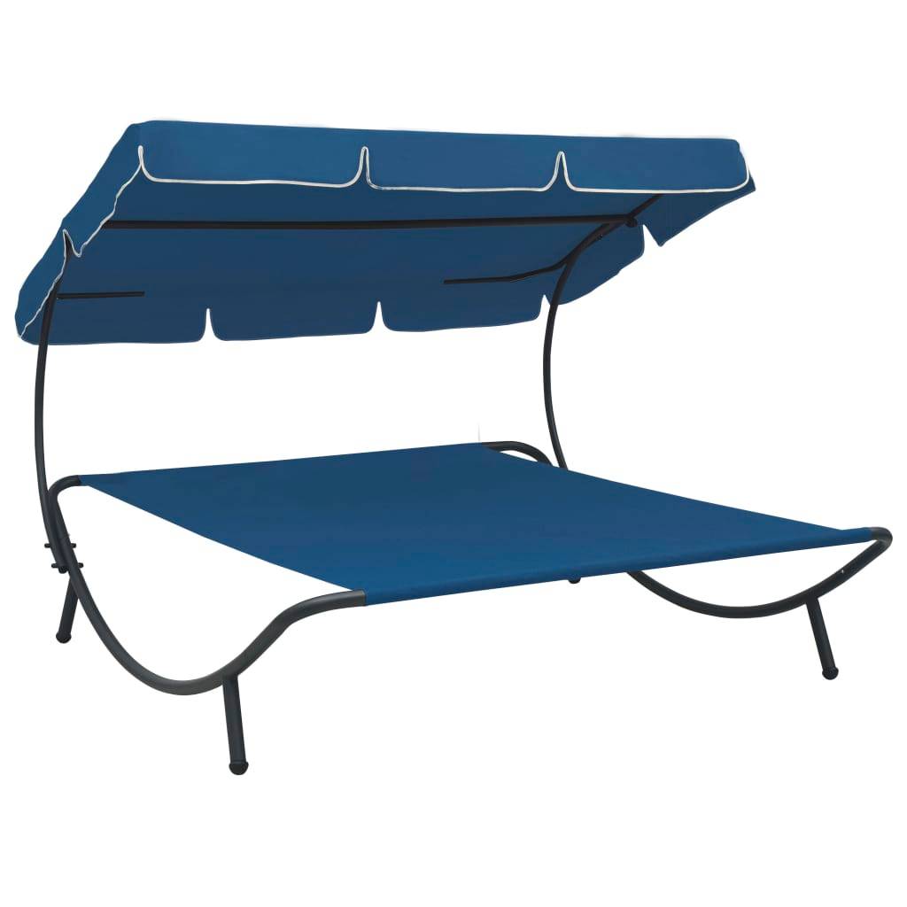 Helloshop26 - Lit de repos transat chaise longue d'extérieur 200 cm avec auvent bleu - Imagen 1