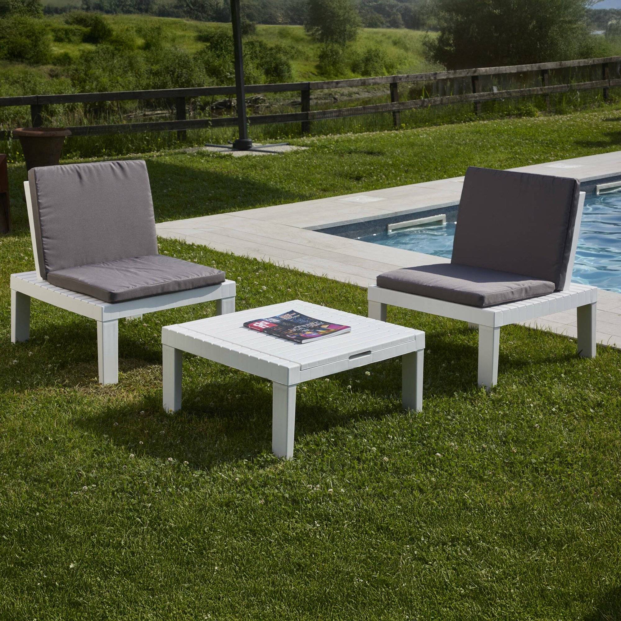 Dmora - Ensemble de salon d'extérieur Dbaggi, Composition de jardin avec 2 sièges avec dossier et 1 module multifonction, Lounge avec coussins, Blanc - Dmora - Imagen 2